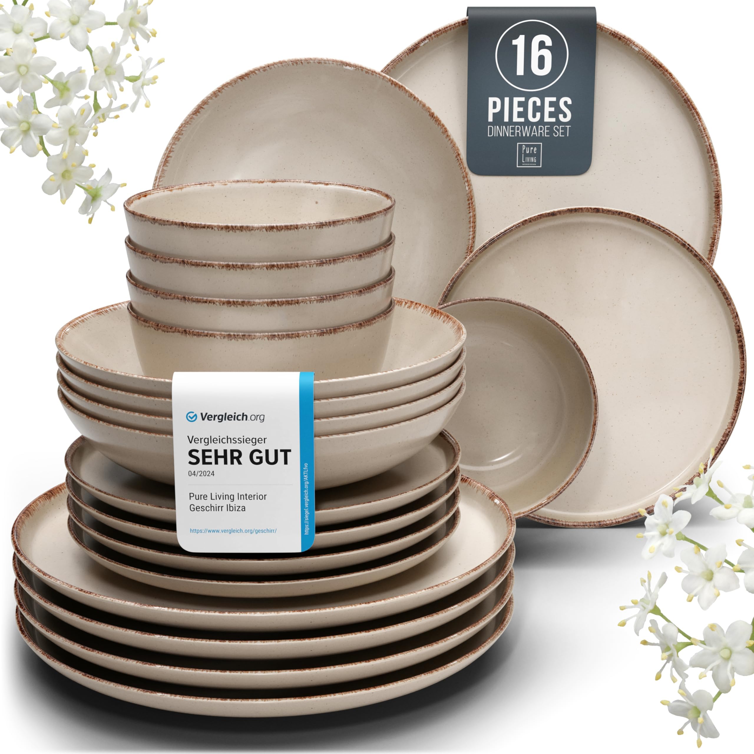 Earthenware dinnerware set 4 persons Rustic 16 pcs - Rustic design dinnerware set, dishwasher safe - Bowl and plate set - Pure Living dinnerware in beige…