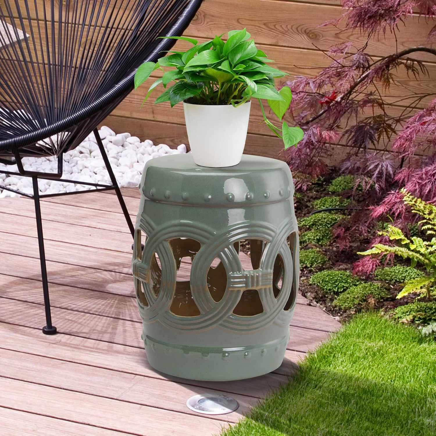 Outsunny 14" x 17" Ceramic Side Table Garden Stool with Knotted Ring Design & Glazed Strong Materials, Green : Patio, Lawn & Garden