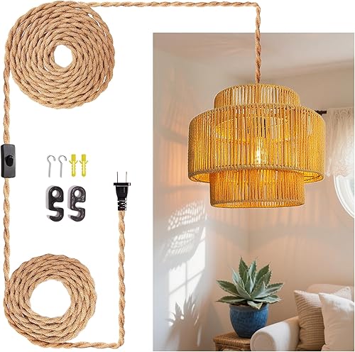 Lámpara colgante de techo de ratán con cable de enchufe para sala de estar, dormitorio, cocina, interior, lámpara colgante enchufable con pantalla
