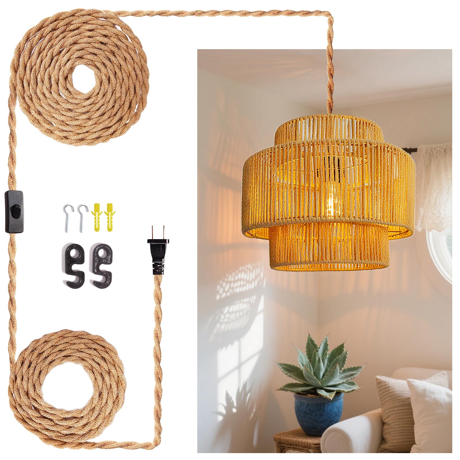 Photo 1 of LUCORUSC Hanging Light Ceiling Lamp Pendant Lights Rattan Hanging Lamp with Plug in Cord for Living Room Bedroom Kitchen Indoor Hanging Lamp Plug in Woven Lampshade