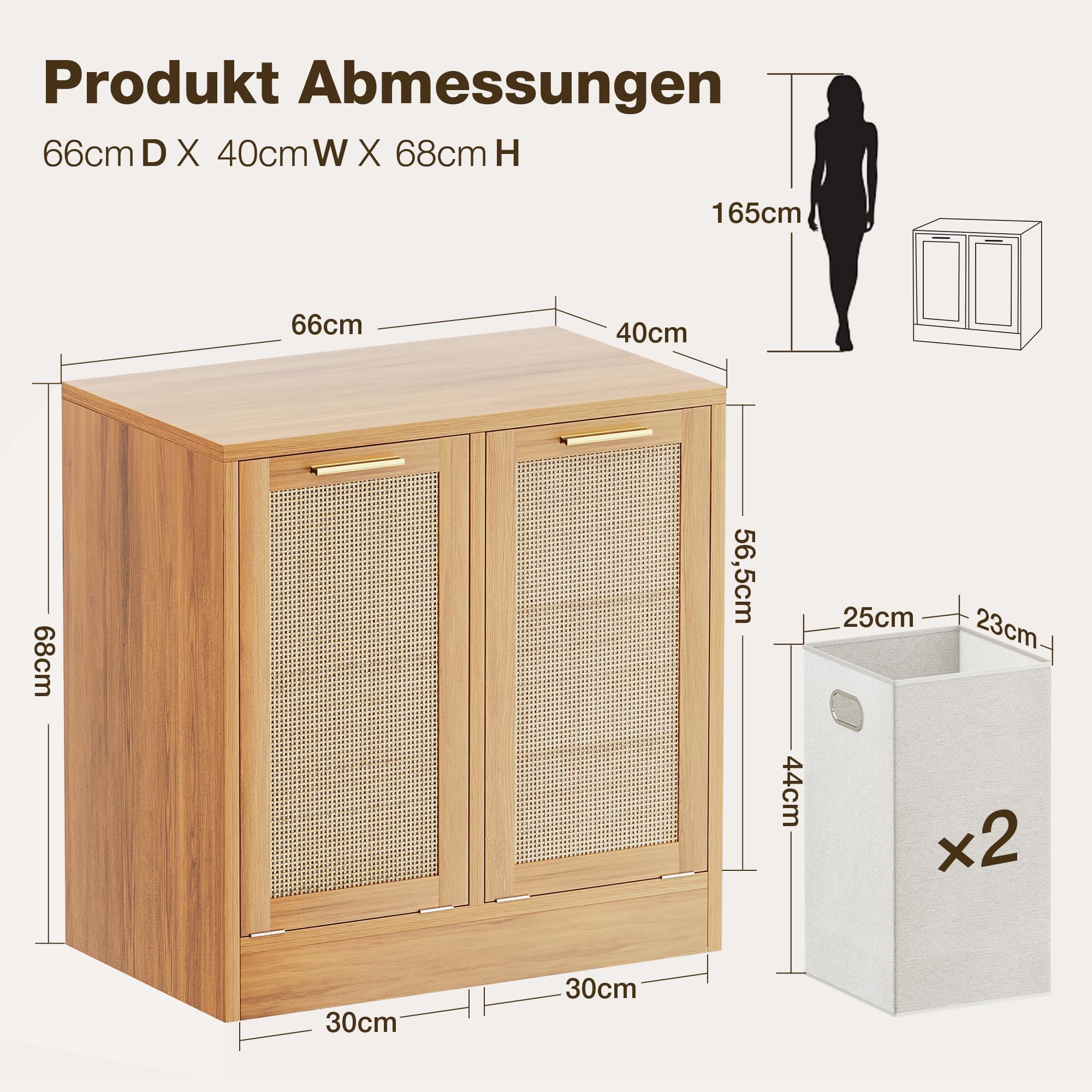 Pamapic Meuble de Salle de Bain, Armoire à Linge avec 2 Paniers à Linge, Meuble Bas de Salle de Bain avec Design en Rotin Véritable, Sac Intérieur Amovible avec Poignées, 66 x 40 x 68 cm, Naturel