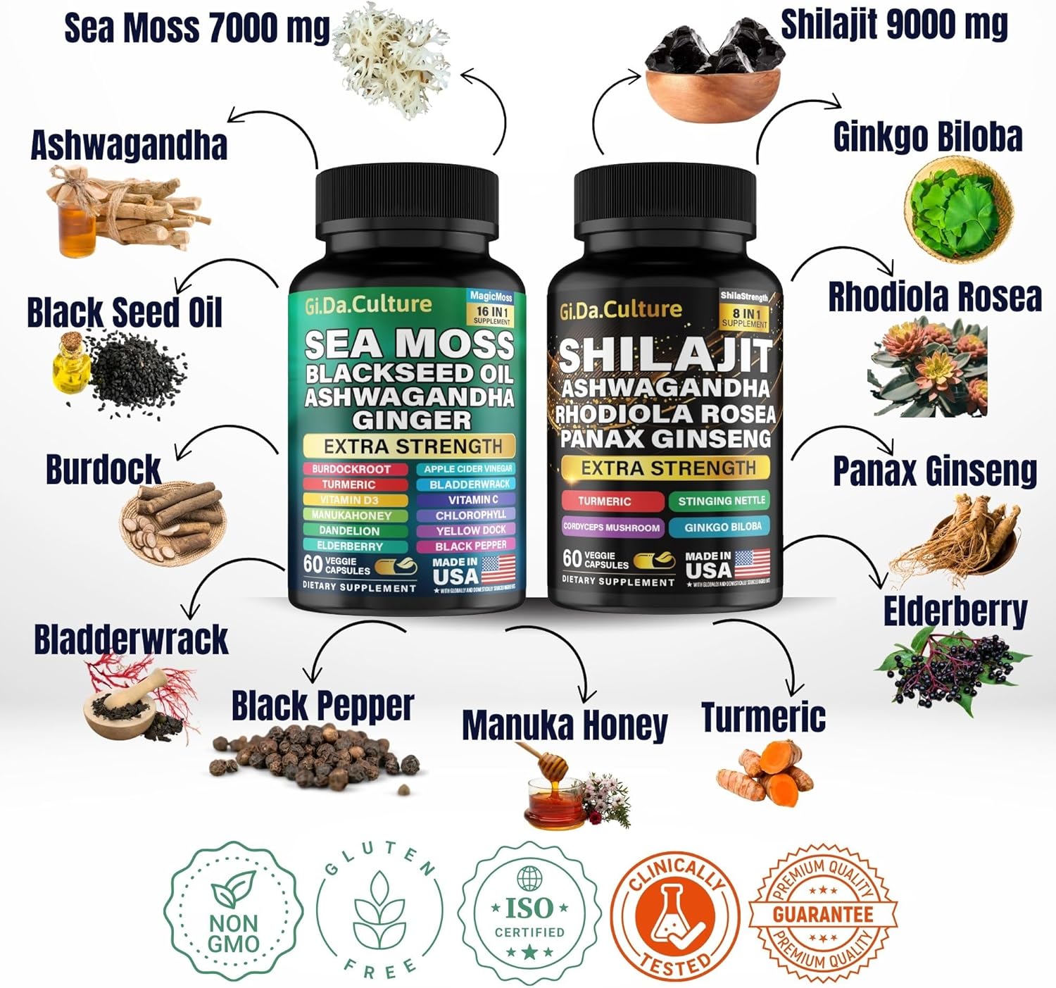 Shilajit and Sea Moss Combo - Sea Moss and Shilajit Bundle with Ashwagandha, Black Seed, Turmeric, Bladderwrack, Burdock, Black Pepper with Vitamins and Antioxidants - 120 Veggie Capsules