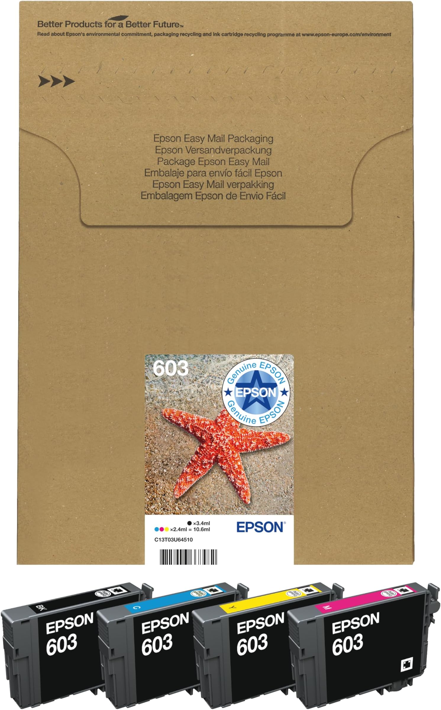 Epson 603 Starfish Genuine Multipack, Eco-Friendly Packaging, 4-Colours Ink Cartridges