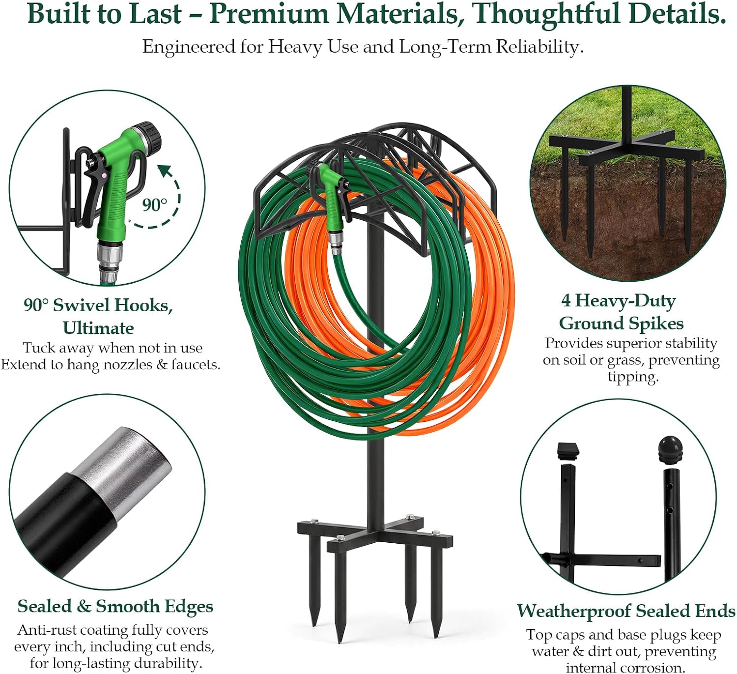 Garden Water Hose Holder Freestanding,Wall Mount with 90° Rotatable Hook image 3