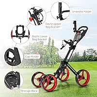 Vista 6 de GYMAX Carrito de golf plegable, carrito de golf ajustable de altura de 4 ruedas con soporte flexible para paraguas, portavasos y freno de pie