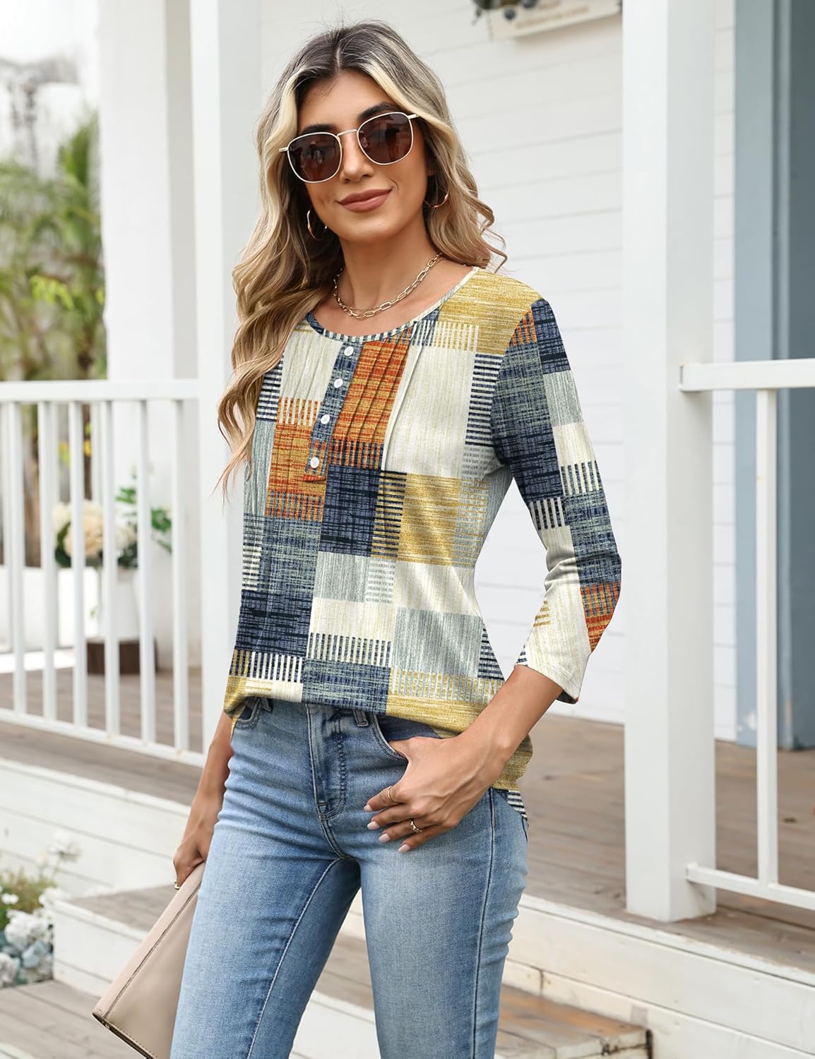 Ivicoer Women's 3/4 Length Sleeve Tops Crewneck Button Pleated Dressy Casual Blouses - Image 5