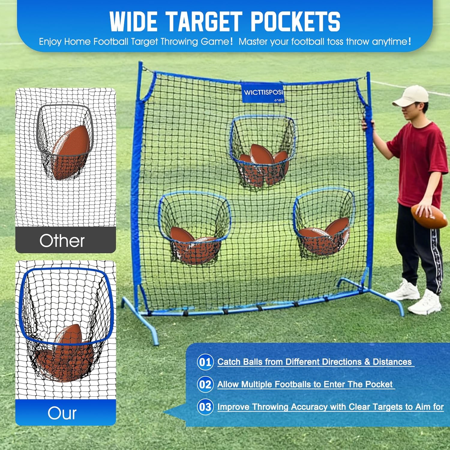 Football Throwing Net, Upgrade Heavy Duty Metal Frame Quarterback Training Equipment Throwing Machine with 1-4 Targets, Easy Setup Football Target Practice with CarryBag, Allweather Indoor Outdoor Use