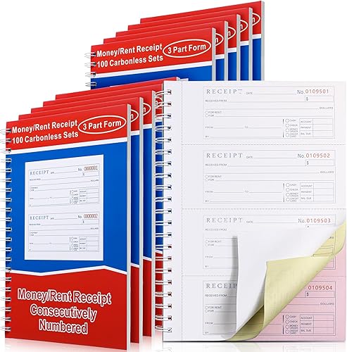 Crtiin Libro de recibos de 10 libros de dinero y alquiler de 3 partes, libro de recibos sin carbono, tapa encuadernada en espiral, libro de registro