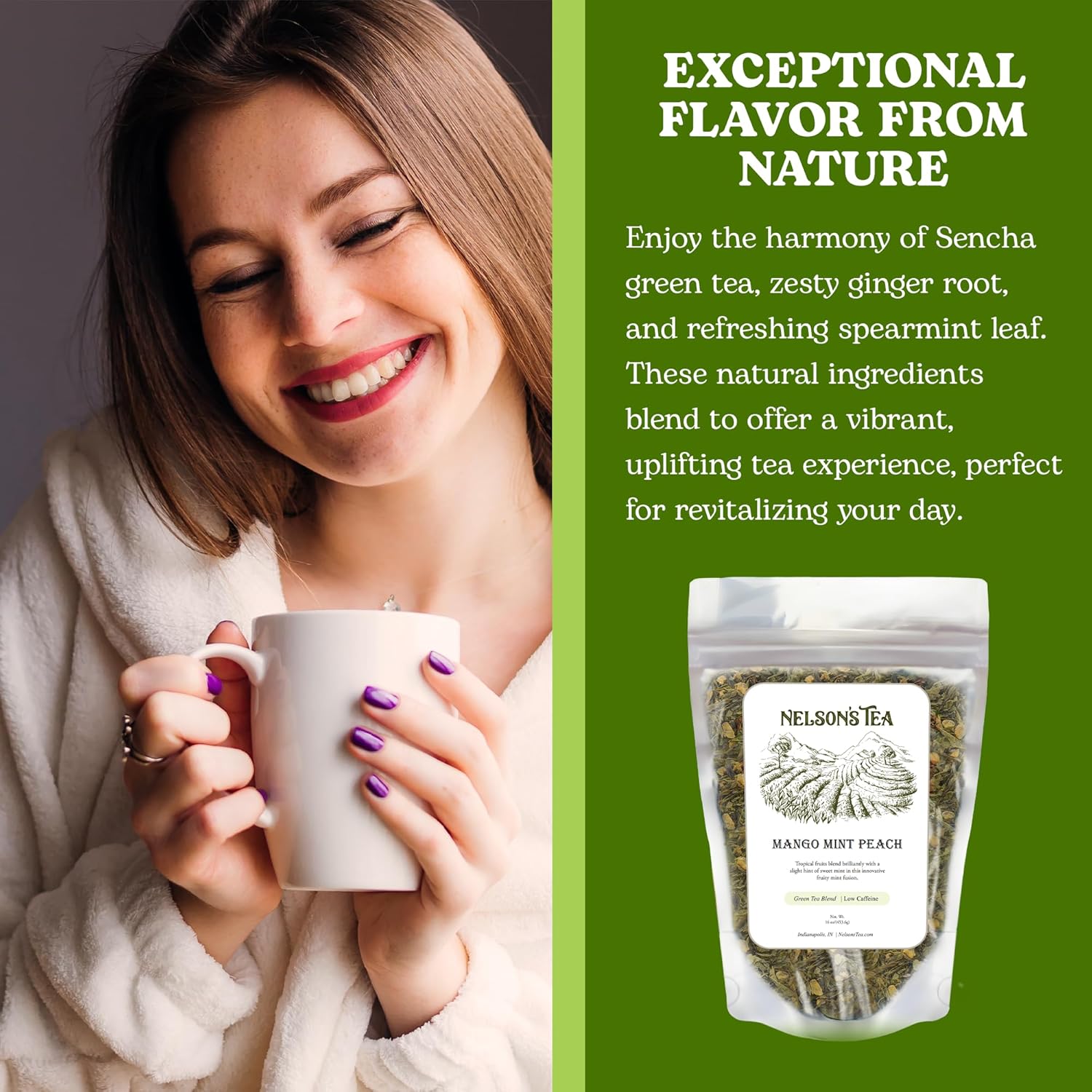 Nelson's Tea Mango Mint Peach - Sencha Green Tea with Ginger Root, Spearmint Leaf, and Dried Mango Loose Leaf Tea (16 oz)