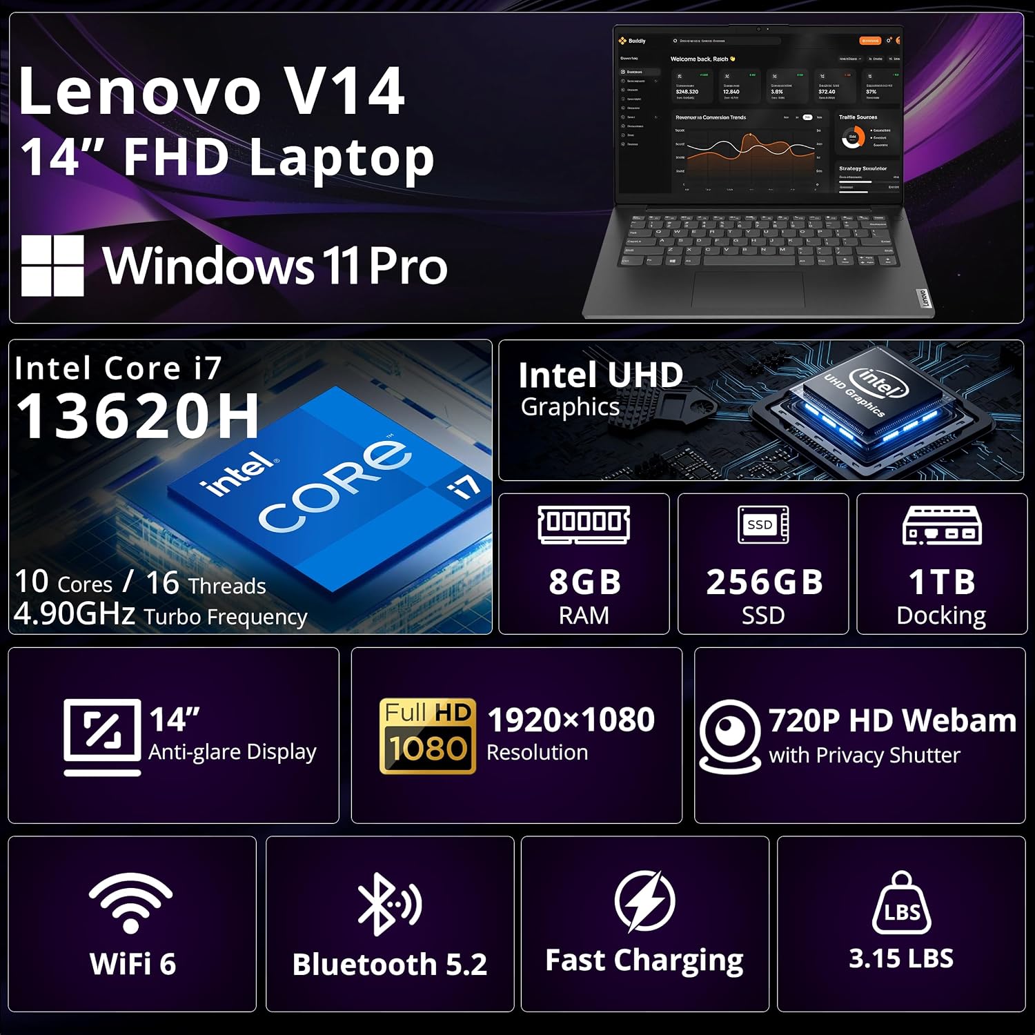 Lenovo V14 G4 Business Laptop, 14" FHD Anti-Glare Display, Intel Core i7-13620H, 8GB DDR4, 1.25TB Storage (256GB SSD+1TB Docking Station), ‎Intel UHD Graphics, Wi-Fi 6, HD Webcam, Win 11 Pro, Black image 3