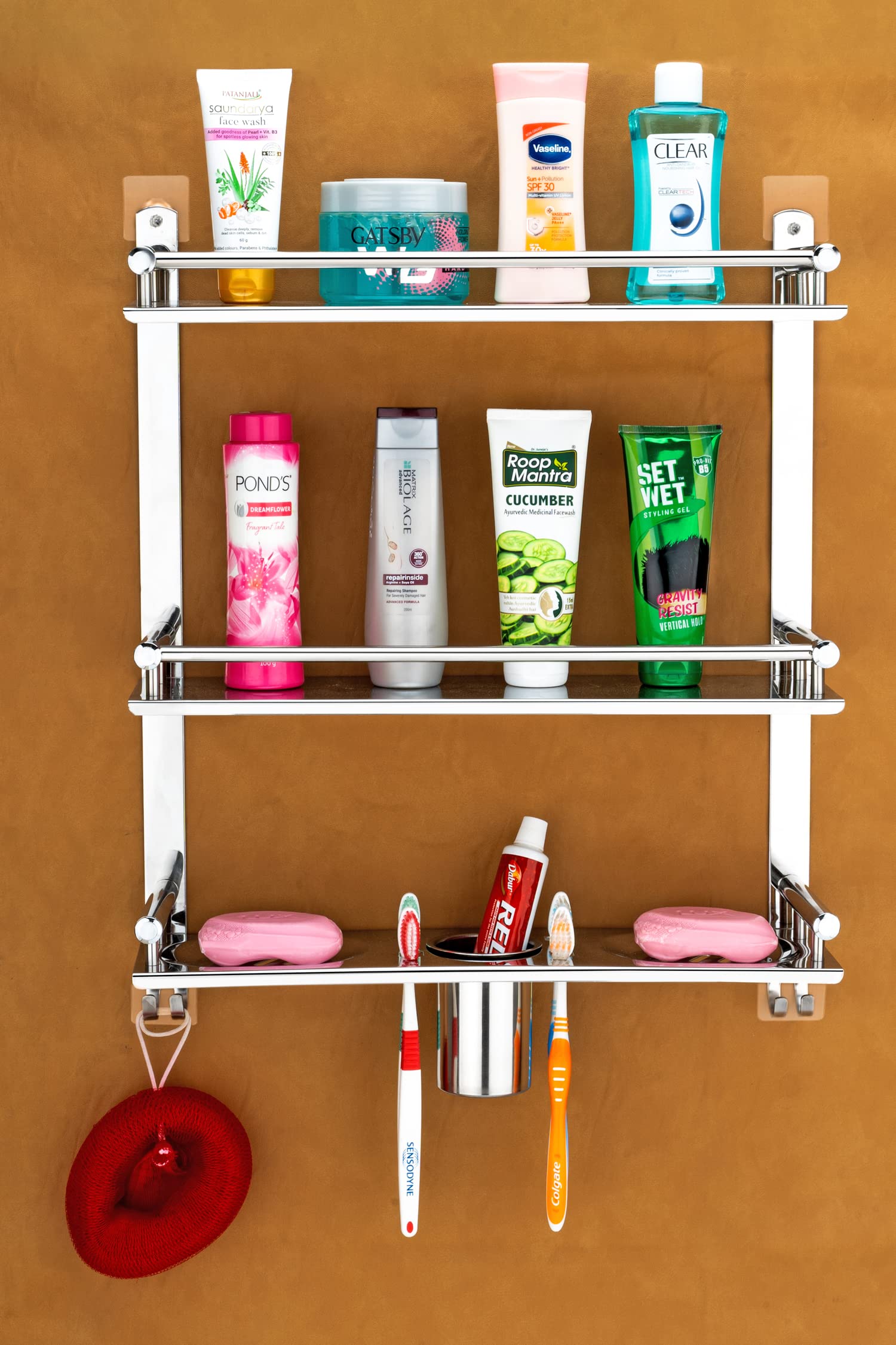 Oslen Self-Adhesive Bathroom Accessories Organizer - Bathroom Shelf Rack with Double Soap Dish and Toothbrush Holder - No Drilling Required - Space-Saving Bathroom Storage (19x15x5 Inches) (B0C4DDVMJQ) Amazon Price History, Amazon Price Tracker