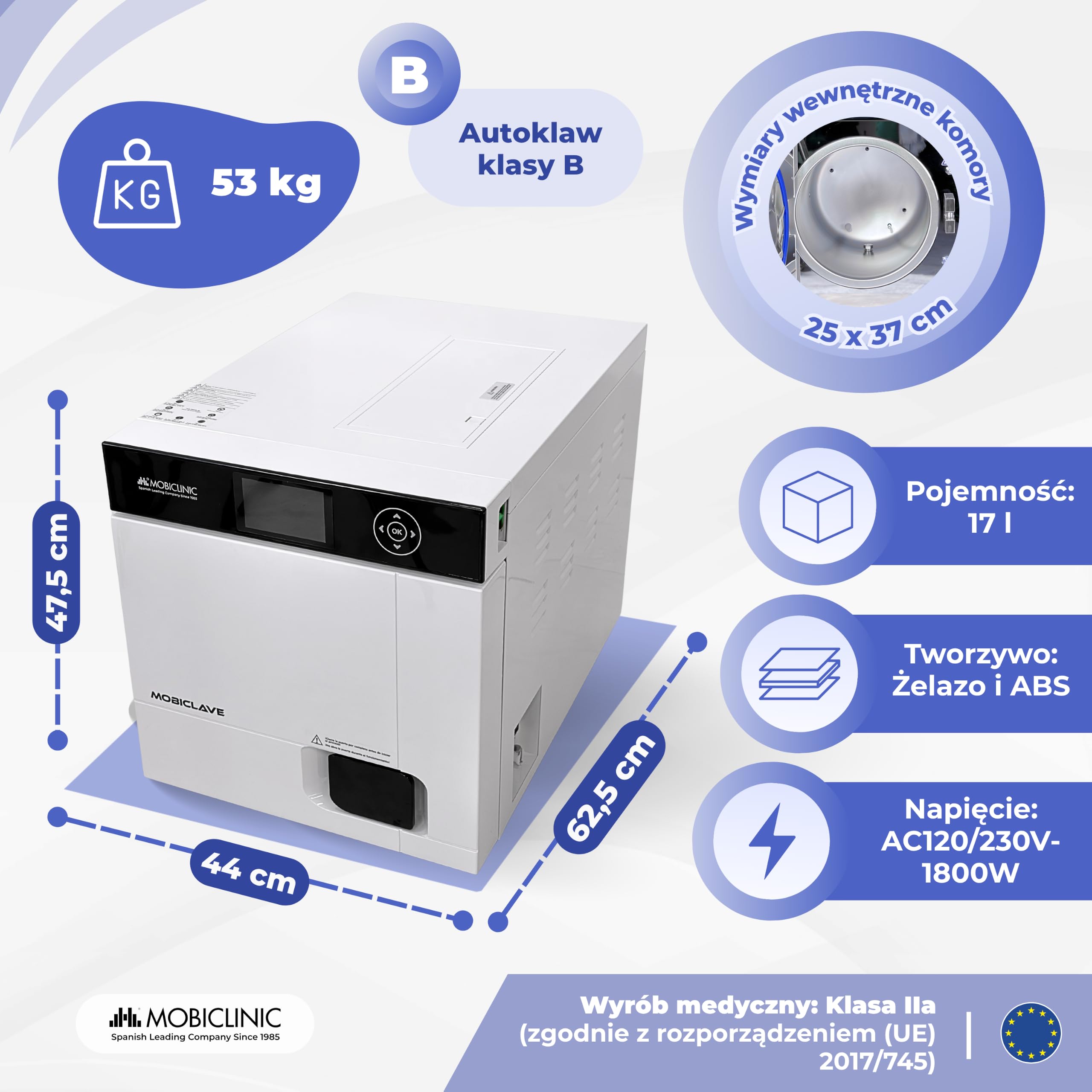 Mobiclinic®, Autoklaw Parowy o Pojemności 17 l, Dezynfekcja 99%, Zasięg 360°, Wyświetlacz LCD, 6 Cykli + Możliwość Personalizacji, Drukarka, USB, SD, Kliniki i Laboratoria, MobiClave Plus
