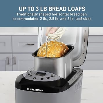 آلة West Bend Hi-Rise Bread Maker قابلة للبرمجة بـ 12 برنامجًا بما في ذلك الأطعمة الخالية من الغلوتين و3 أحجام رغيف وألوان قشرة مع مقلاة خبز أفقية على شكل تقليدي مع شفرات عجن مزدوجة، 3 رطل، رمادي