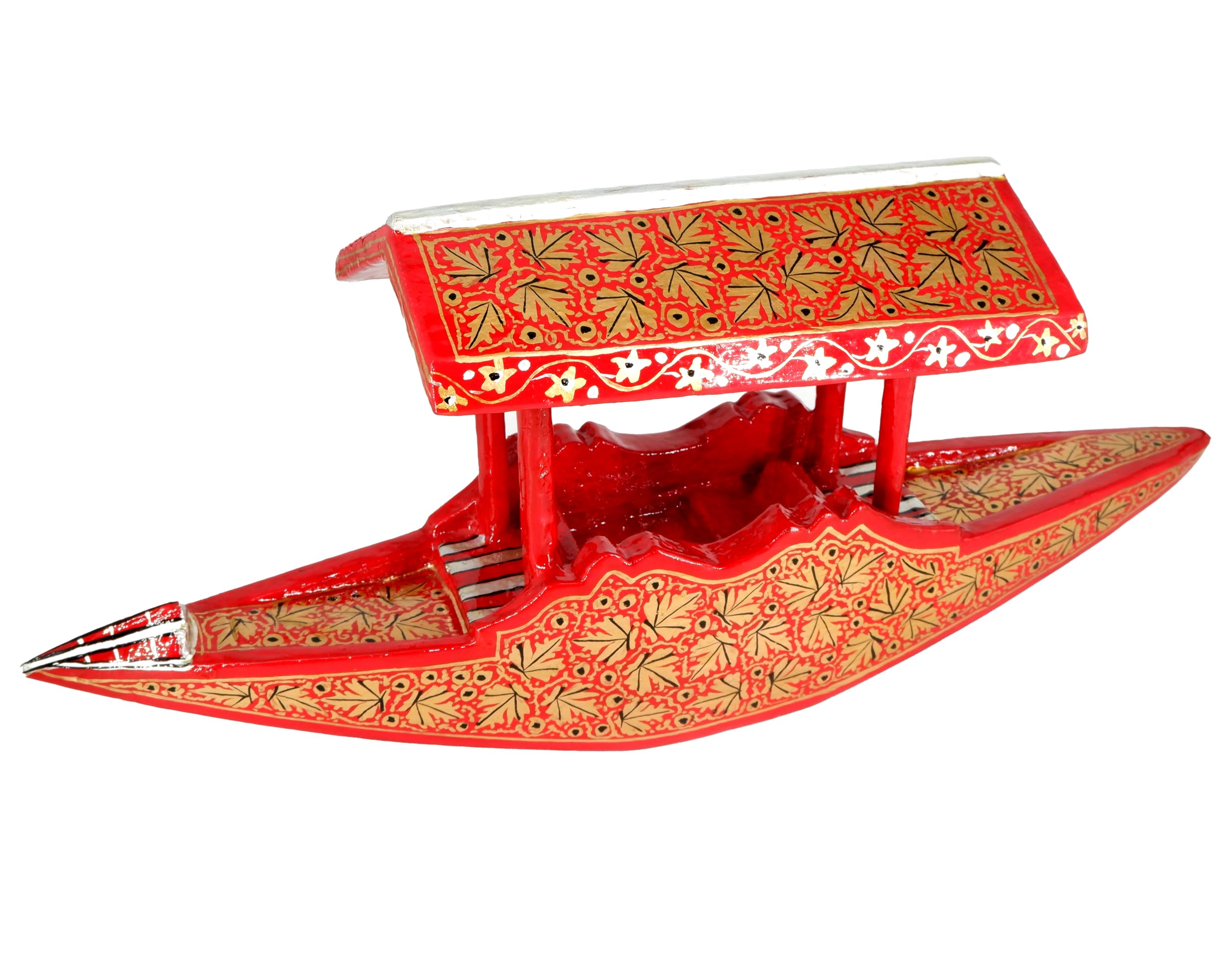 Traditional Kashmiri Papier Mache Shikara Boat of Kashmir, Red and Gold Handcrafted Decorative Showpiece with Floral Pattern-image-43