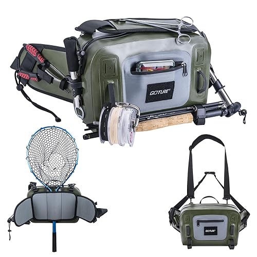 Goture Waterproof Fishing Waist Pack, IPX8 840D TPU Large Tackle Bag with Rod Holder, Airtight Zipper Closure, Fly Fishing Bag with Adjustable Waist Strap for Stream,Kayaking,Boating,Sling Fanny Pack