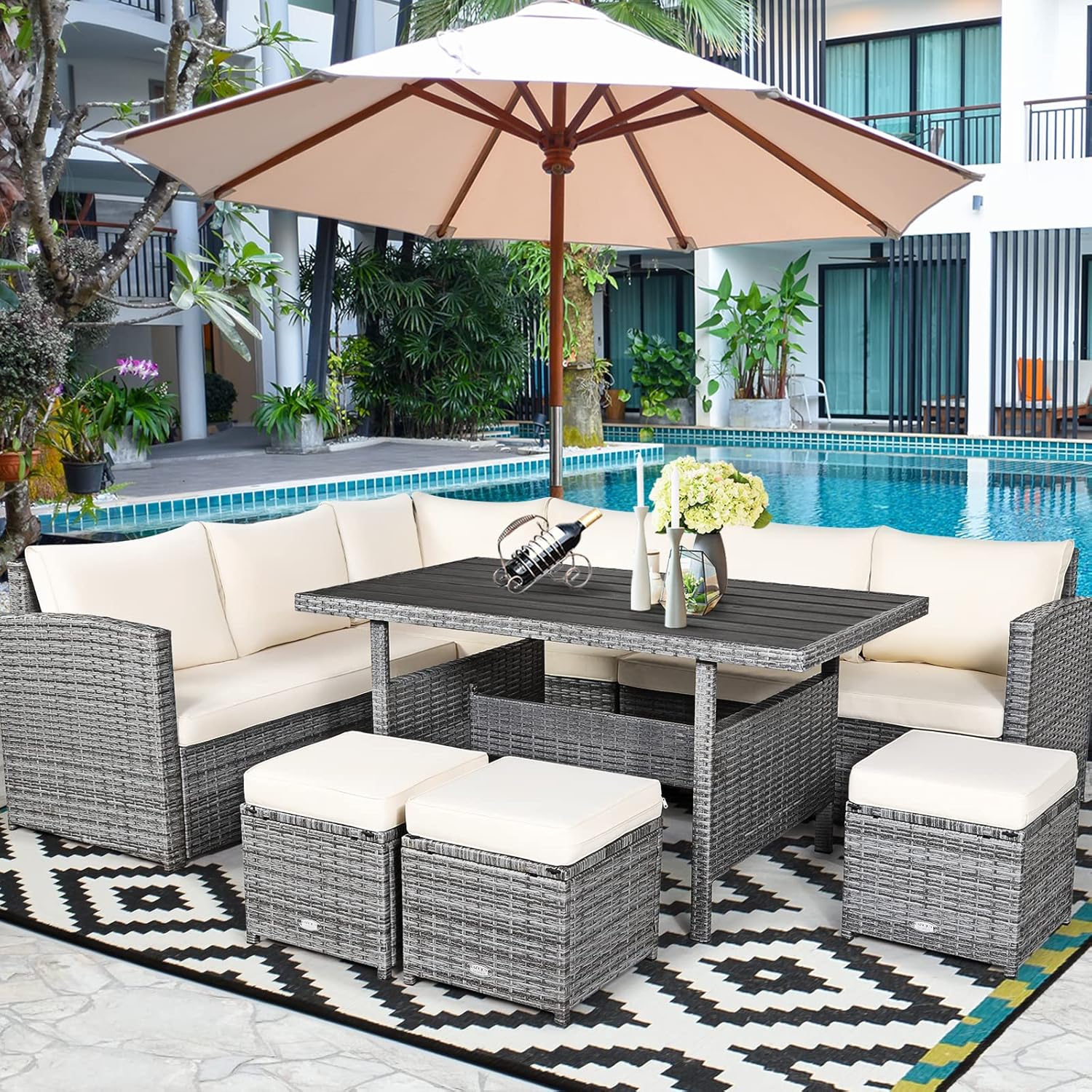 COSTWAY 7 PCS Wicker Outdoor Conversation Set, Patio Sectional Furniture Sofa Set with Table & Seat Cushions, Rattan Furniture Sets for Backyard Garden Poolside Porch, White