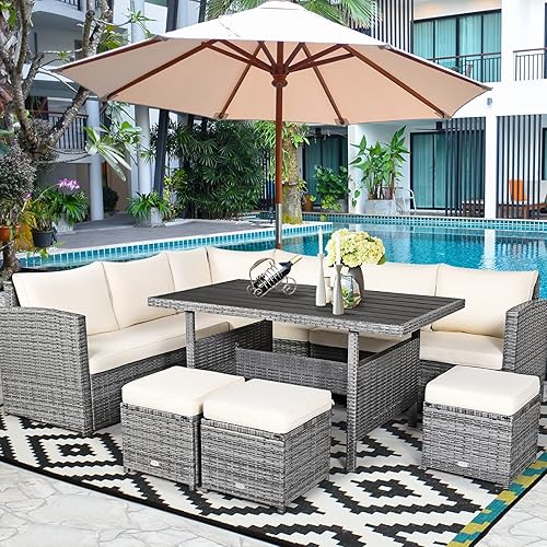 Tangkula Patio Furniture Set for 6, 7 Piece All Weather Heavy Duty PE Wicker Sectional Sofa with Dining Table and Ottomans, Rattan Conversation Set for Backyard, Deck, Poolside