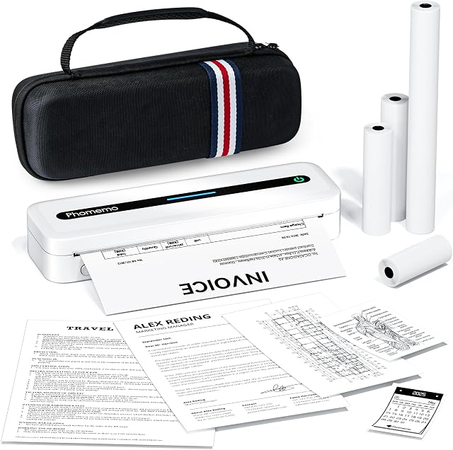 Imprimante Portable Sans Fil Phomemo, Imprimante Thermique Bluetooth M832 sans Encre, Imprimantes Mobiles pour Téléphone Ordinateur Portable, Supporte Papier Thermique 8,5"x11"/A4/4,33"/3,15"/2,08", avec Étui de Transport & Kit de 4 Rouleaux de Papier