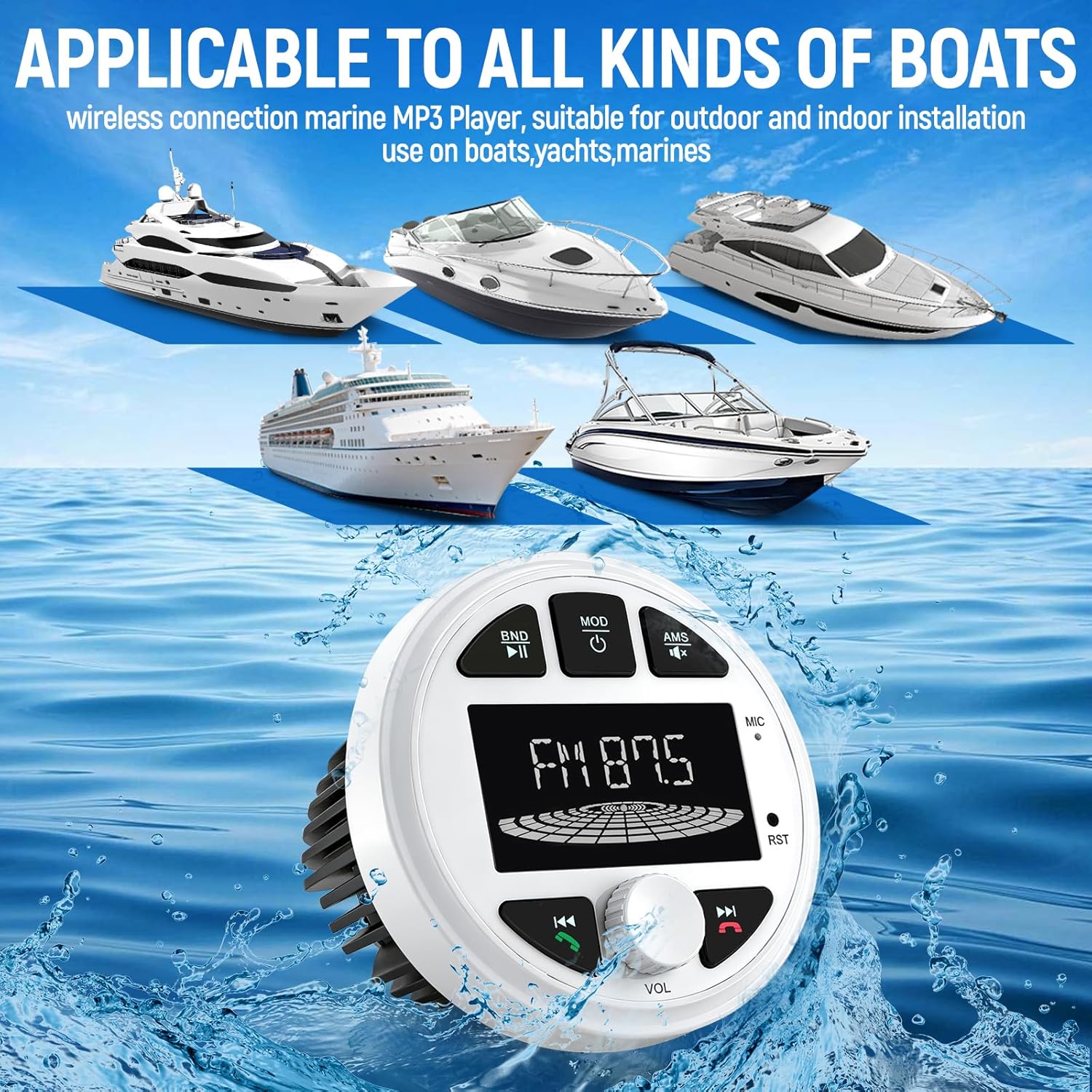 Boat Marine Radio, Marine Stereo Receiver, Waterproof Multimedia MP3 Player with 3" HD LCD Display,Multi-Mode Playback AM/FM Tuner, Preset EQ Subwoofer,Marine Stereos for Car, Boat, ATV, RV