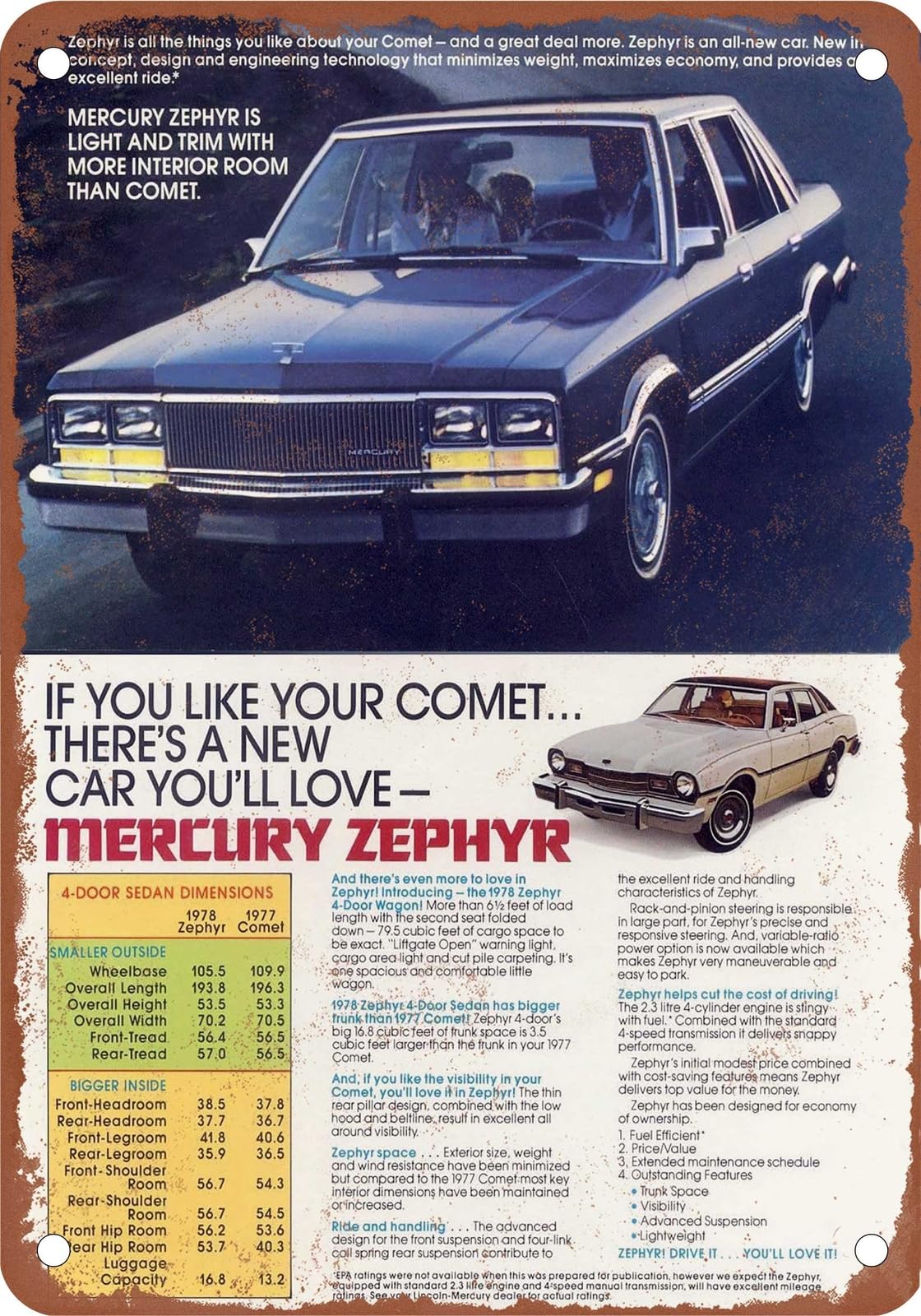 Miaomansenstore Metal Sign - 1978 Mercury Vintage Ad 05 - Old Retro Rusty Look Home Decor