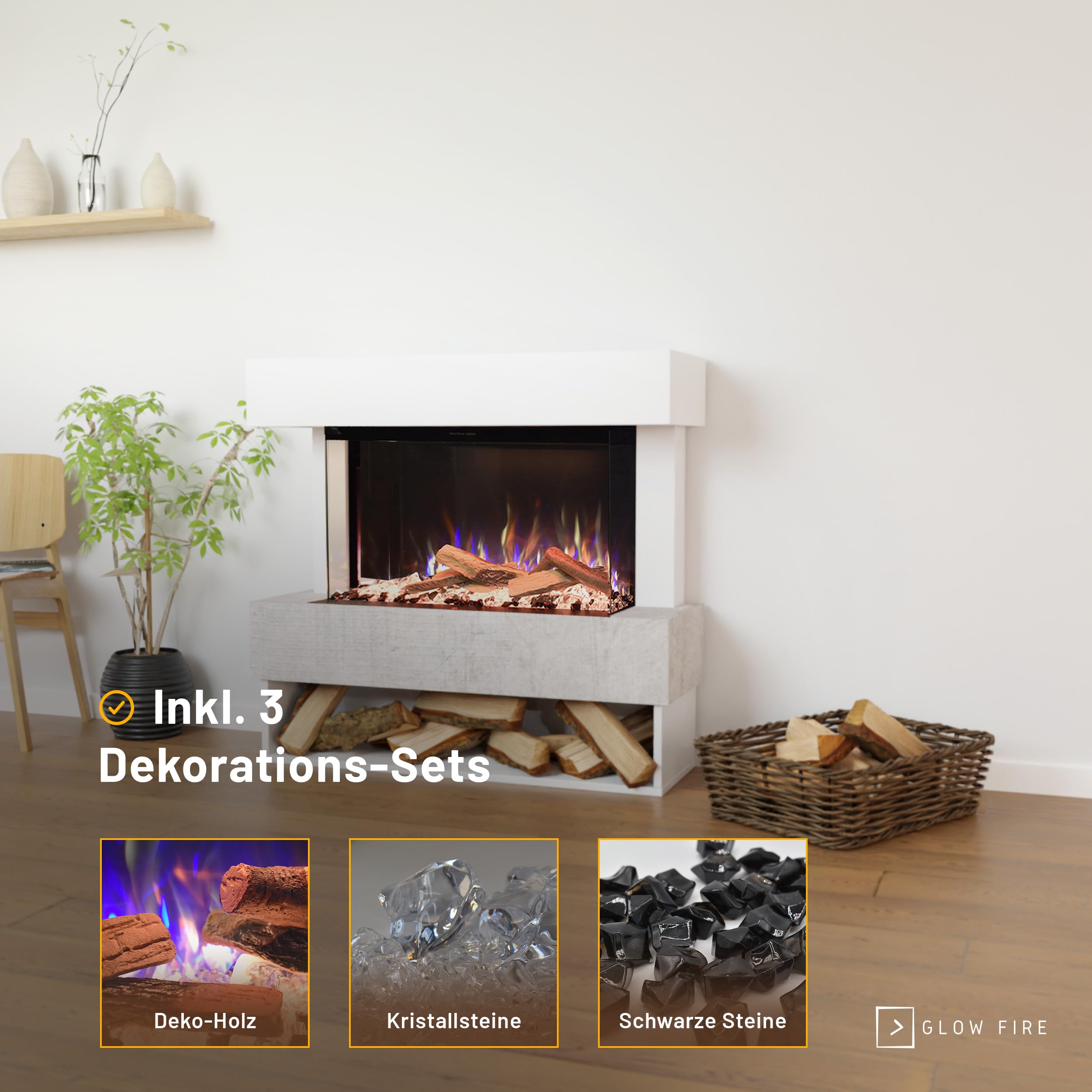 GLOW FIRE Kaminofen PR5 mit realistischem 3D E-Motion LED-Feuer - Stand-Elektrokamin mit Heizung, Kaminfeuer & Timer, max. 1500 W, 111x103,8x35, Weiß (Beton)