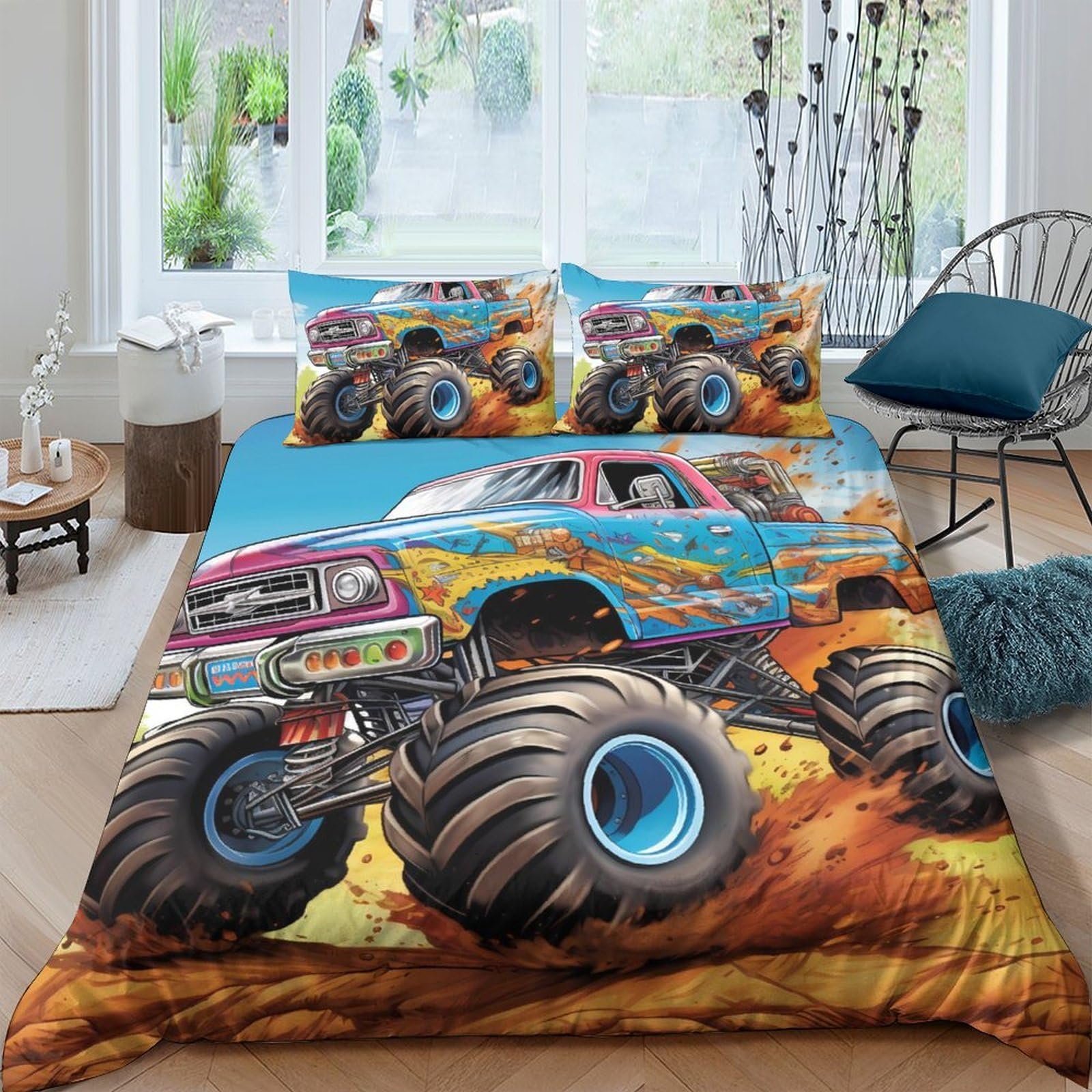 Ctjqhvkz Style-2 3D Printed Monster Truck Fitted Sheet Microfiber Vibrant Bed Cover For Bedroom Decor Dorm Mattress Protection Single（135X200cm）