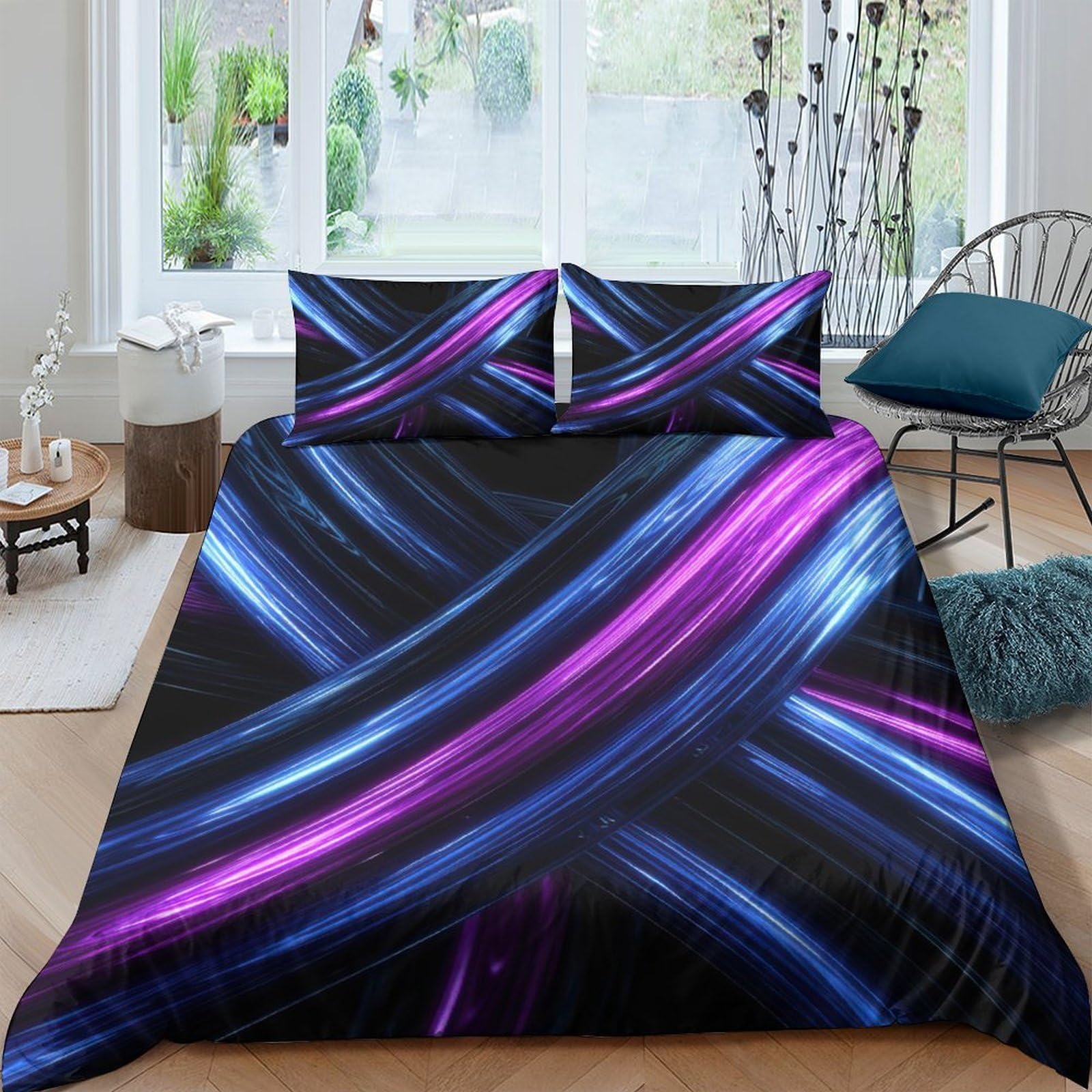 P5V6M1Q9 3D Printed Neon Light Stripe Duvet Cover Microfiber Soft Breathable Abstract Wave Bedding Set with 2 Pillowcases for Bedroom Decor Single（135x200cm）