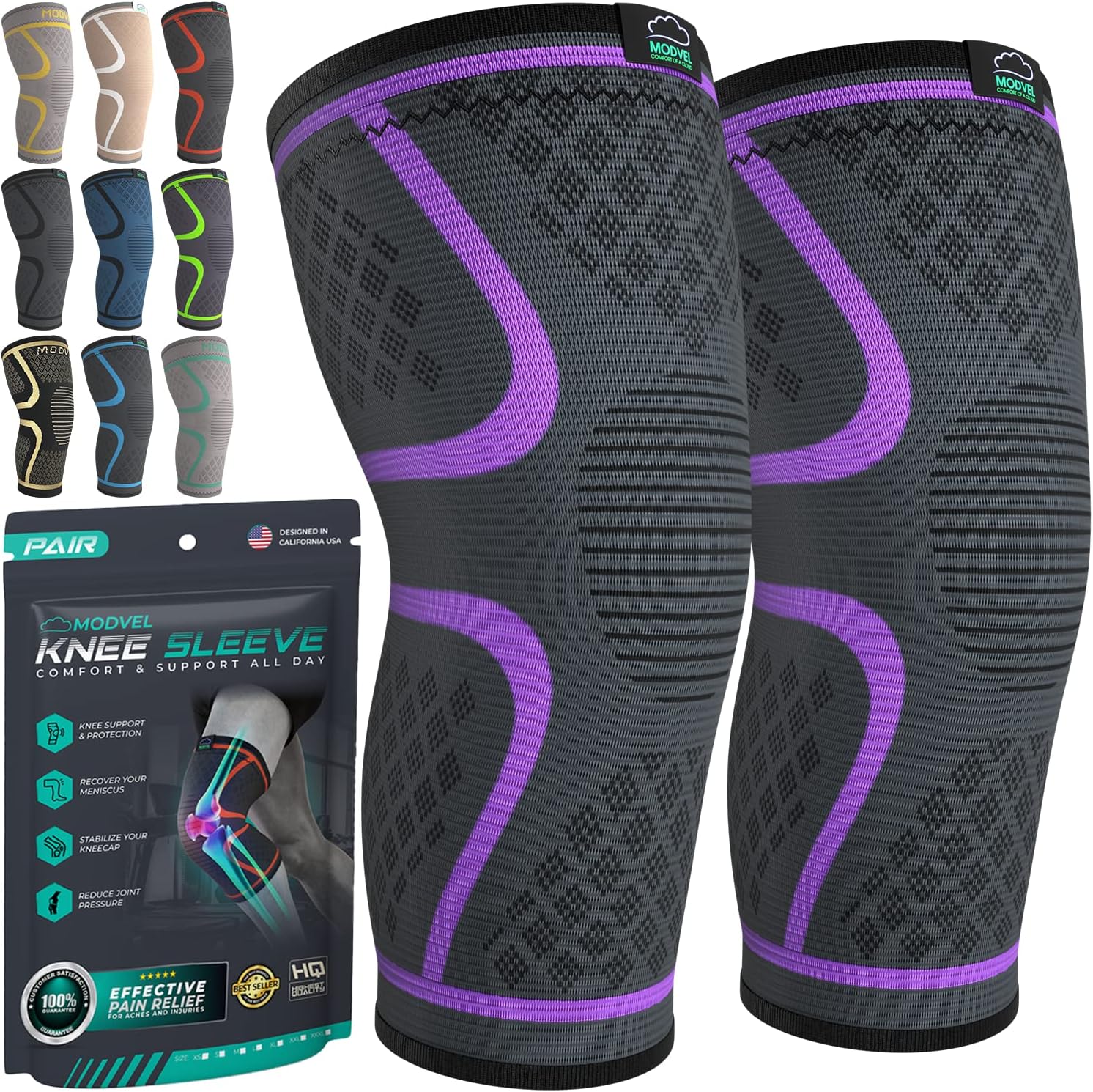 MODVEL Knee Support Set for Men and Women - Stable Support for Sports, Training, Fitness, Hiking, Everyday Use - Comfortable, Skin-friendly, Breathable Bandage Made of Soft Nylon Latex Fabric