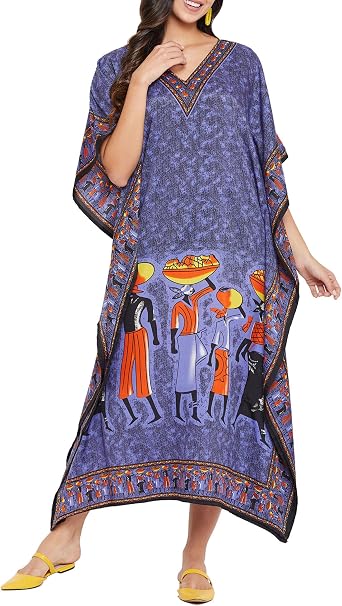 Women Plus Size Kaftan Kimono Loose Maxi Summer Dresses for Women | 3/4 Sleeve Casual Lounge Dress Boho, V Neck, Side Slit Hem, Beach Vacation Swimwear, Mumu Nightgown & Beach Cover Up