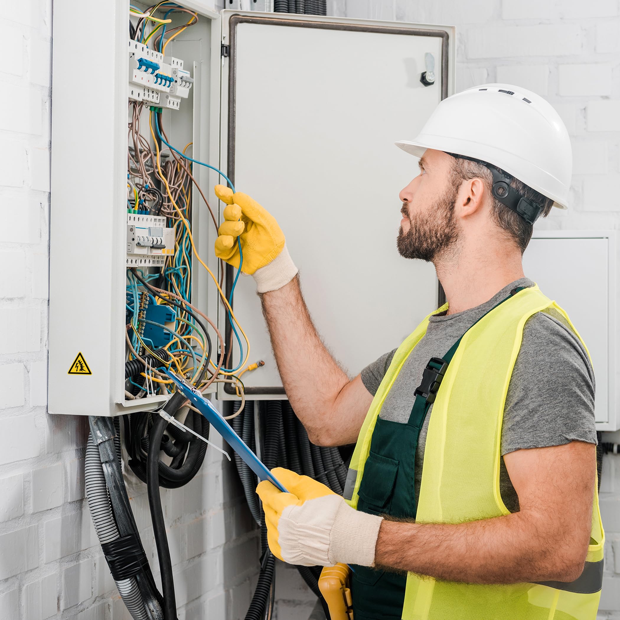 Señal de advertencia de arco eléctrico según DIN EN ISO 7010 ASR A1.3 W042 – Adhesivo de seguridad eléctrico para distribuidor de máquinas LTI035 (100, 200 mm)