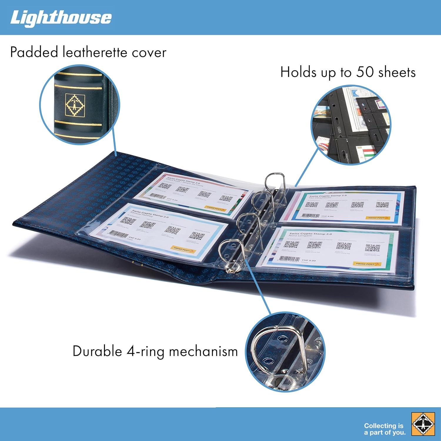 LIGHTHOUSE - Vario Classic Binder - 4-Ring Binder with Padded Leatherette Cover and Slipcase for up to 50 Sheets - Green