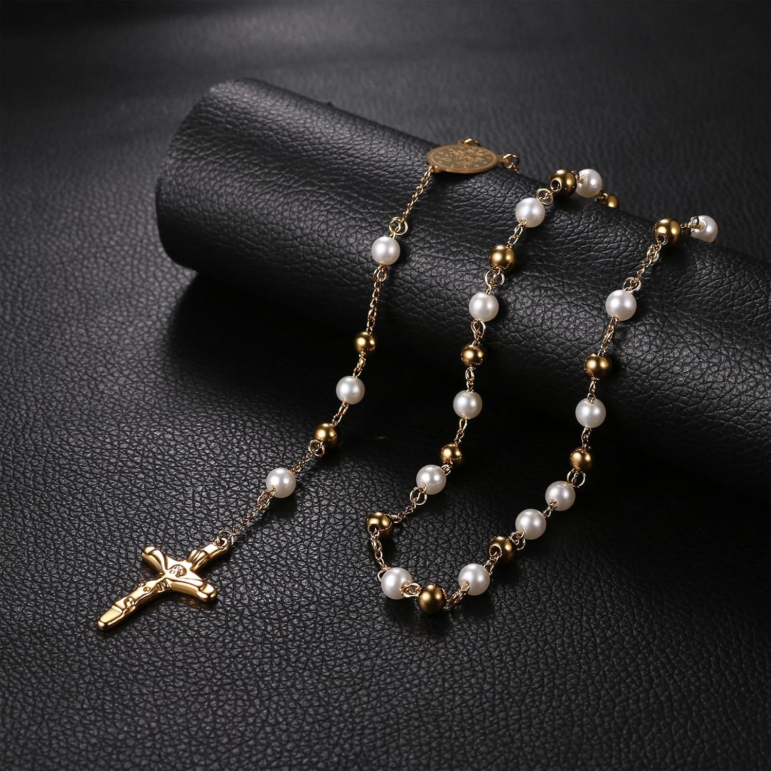 Religious Rosary Beaded Cross Necklace: Christian Beaded Stainless Steel Pearl Virgin Mary Medallion Y Necklace Jewelry Gifts for Women Men - Image 3