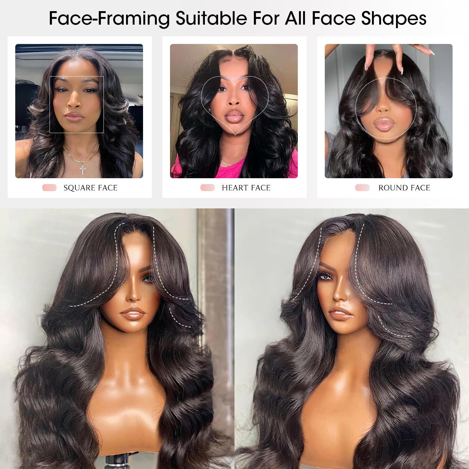 250 Density Layered Curtain Bangs Face-Framing 6x6 Glueless Drawstring Wigs Human Hair Pre Plucked Pre Cut HD Lace Loose Body Wave Lace Front Wigs Ready to Wear Wigs Glueless Human Hair 24 Inch - Image 2