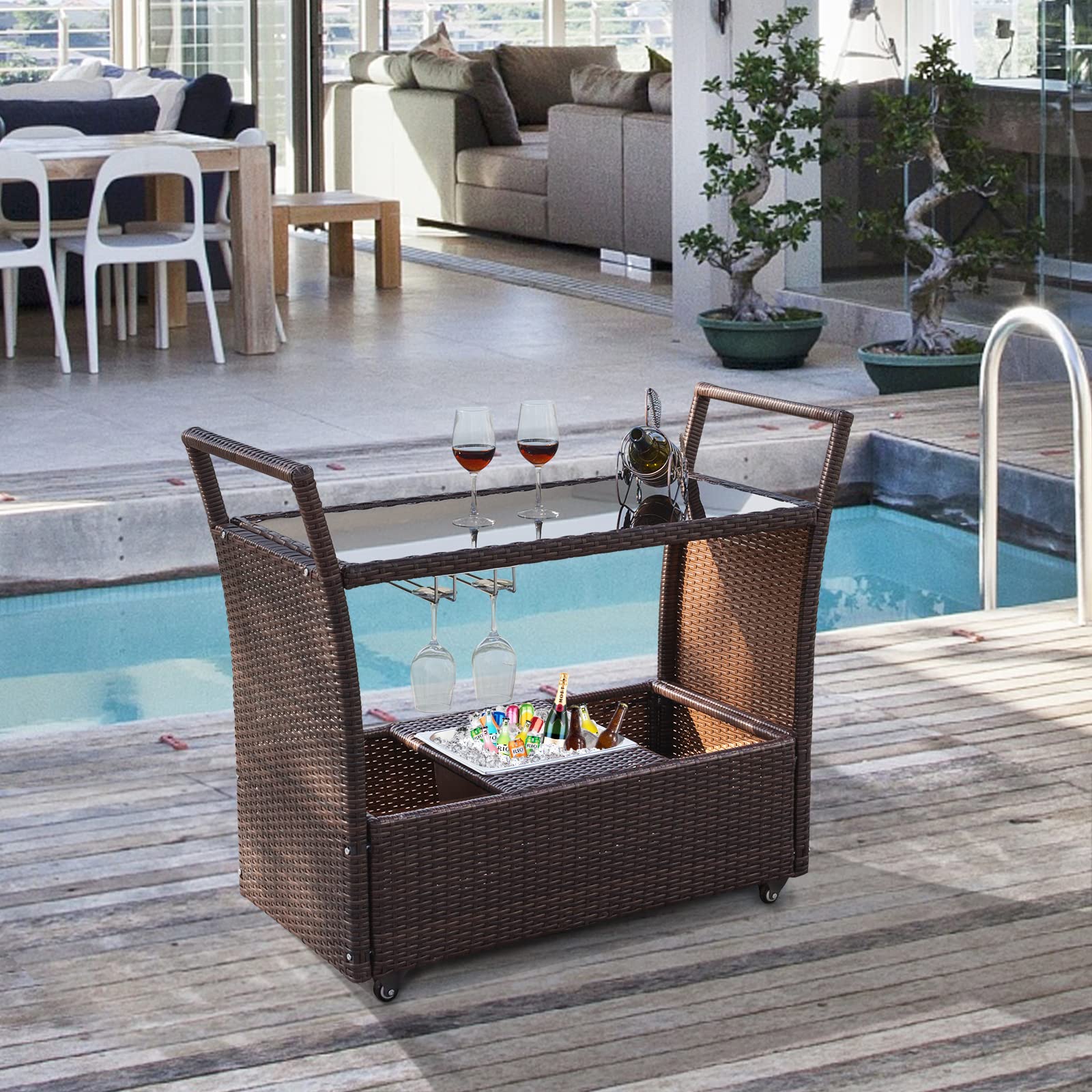 Bonnlo Wicker Outdoor Bar Cart with Wheels and Ice Bucket, Outdoor Bar Table Serving Cart Rattan Bar Cart with Glass Top and Wine Glass Holder for Pool, Party, Backyard, Porch