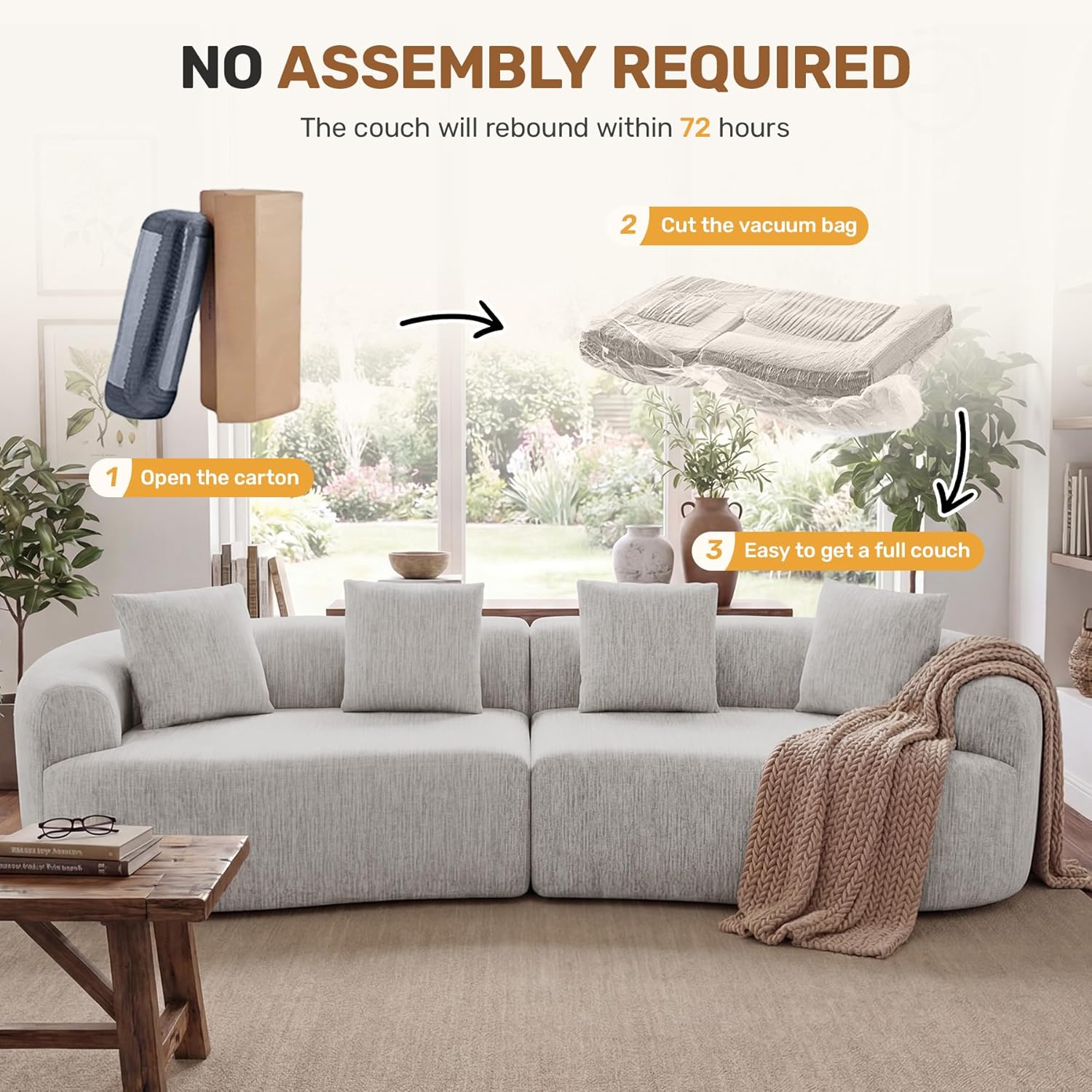 Nebuaegis 110” Modern Curved Sofa,Boneless Couches for Living Room,Upholstered Oversized Couches with Deep Seat,Modular Sectional Sofa No Assembly Required,Beige