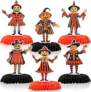 Marspark 6 Pcs Large Vintage Halloween Decor 9 Inch Honeycomb Centerpieces Vintage Halloween Decorations Retro Party Paper Table Decorations for Horror Spooky Pumpkin Style Honeycomb Sign Decor