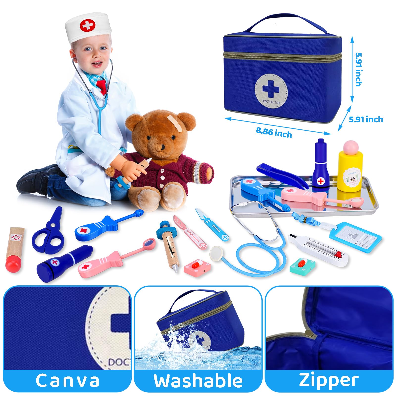 Malette Docteur Enfant, avec Véritable Stéthoscope, Thermomètre, Blouse de Médecin et Sac de Médecin Portable, Adapté Malette Docteur Enfant 3 Ans