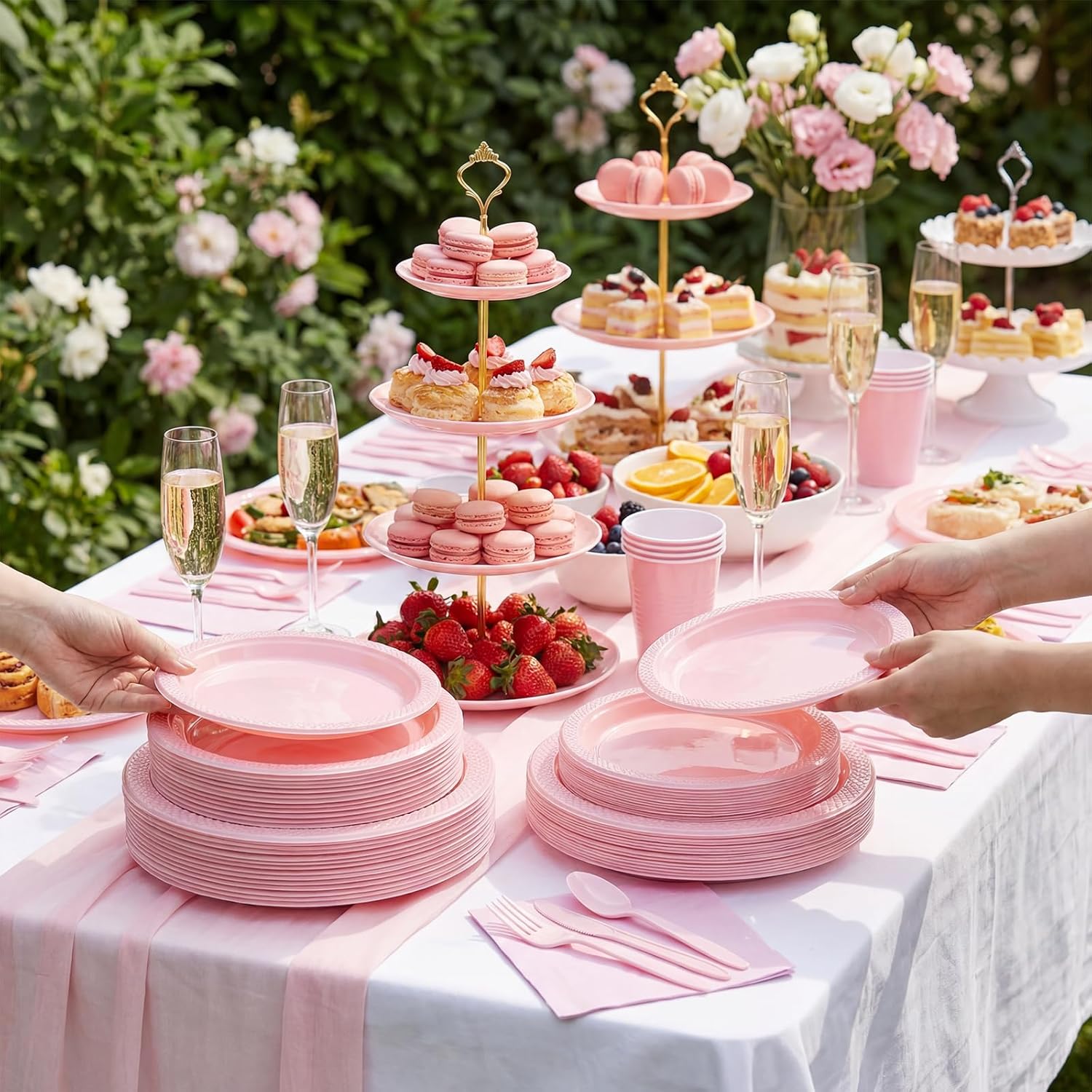 MirthMood 350pcs Pink Plates Disposable Including Pink Plastic Plates, 12OZ Cups, Plastic Cutlery and Napkins Serve 50 Guests for Spring Wedding,Birthday Party Dinner,Valentine's Day - Image 4