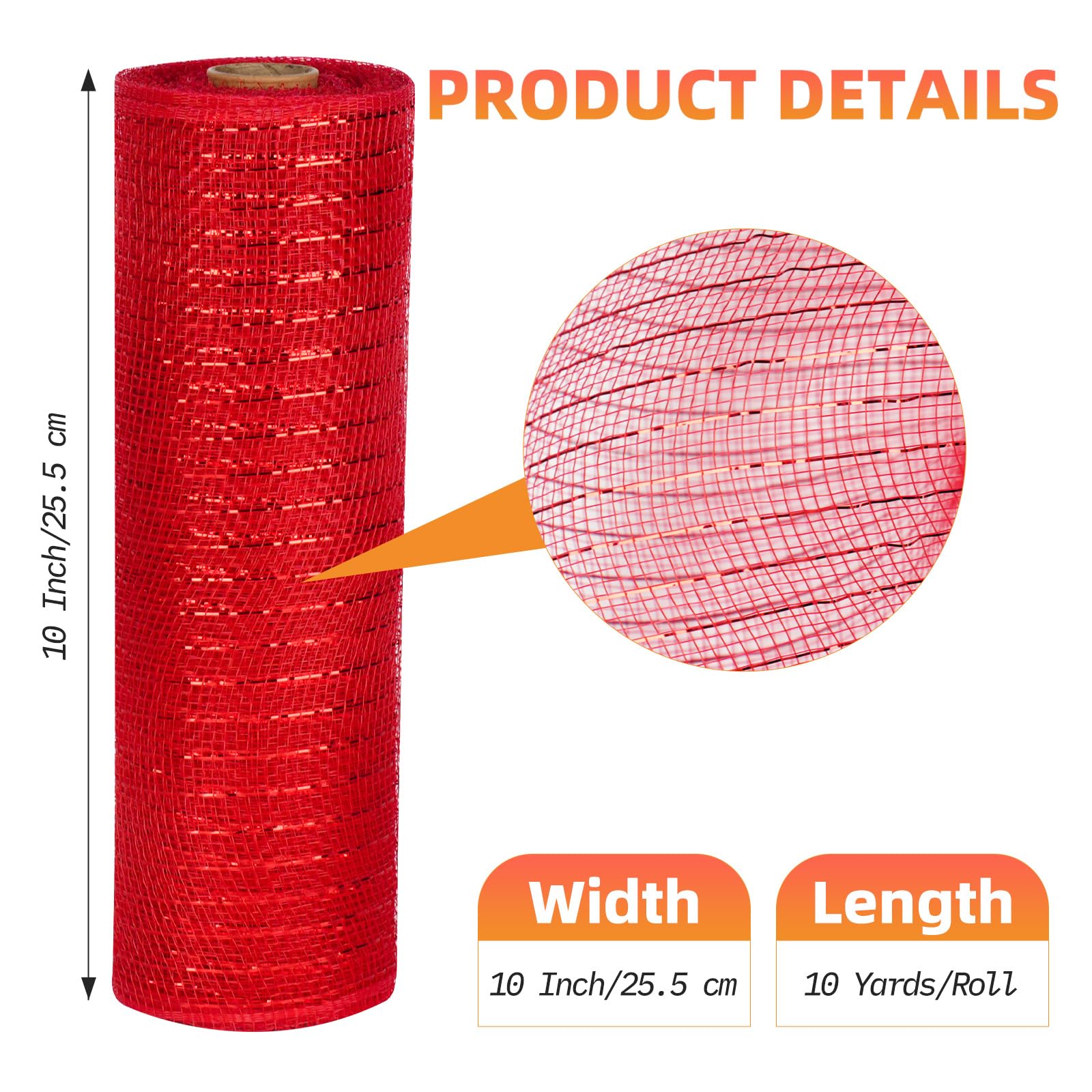 Deco Mesh Ribbon - 10inch x 30 feet Each Roll Metallic Foil Mesh Ribbon for Christmas, Valentine's Easter Wreath and Home Decorating (Red)