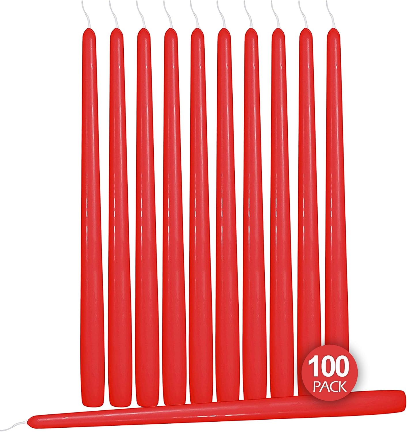 Ner Mitzvah 100 Pack Tall Taper Candles - 10 Inch Red Dripless, Unscented Dinner Candle - Paraffin Wax with Cotton Wicks - 8 Hour Burn Time