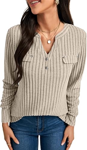 OPOIPIN Women's Long Sleeve Shirts Button V Neck Casual Pullover Sweaters Tunic 