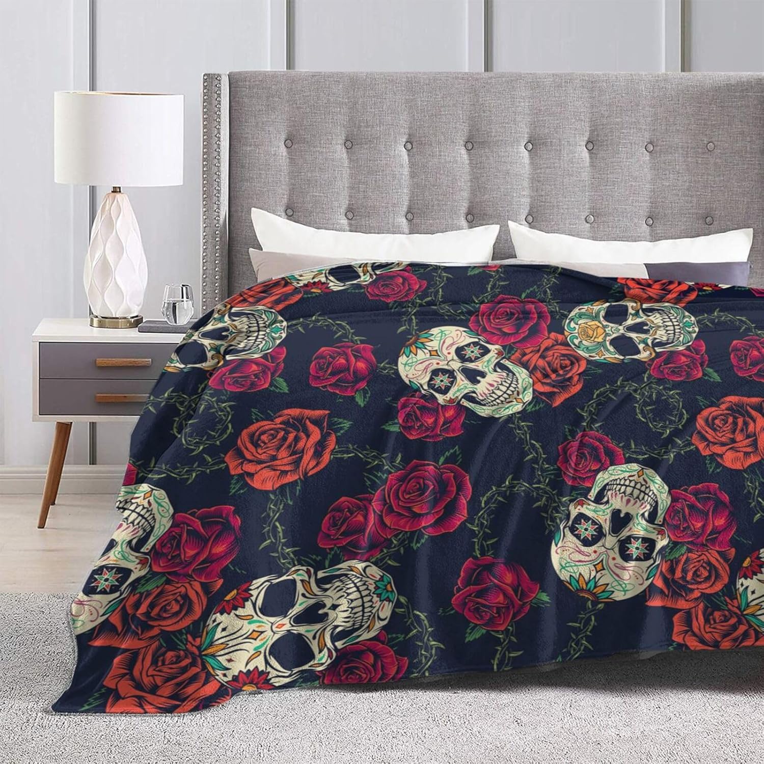 Rose Skull Elegant Flower Blanket Soft Comfy Flannel Throw Blankets Lightweight Warm Bed Throws Plush for Couch Sofa Camping Office Travel Home Bedroom Decor Cool Men Women Girls Boys Gifts 60"X50"