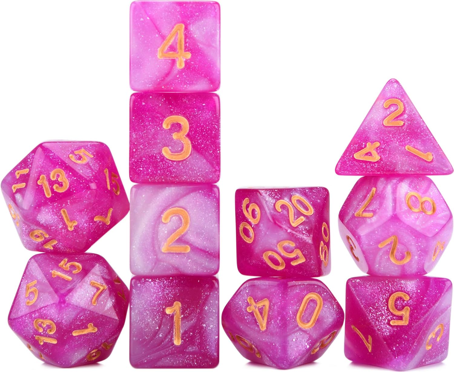 Set of 11 RPG Dice Set with Drawstring Bag for Dungeons and Dragons 5e DND Tabletop Games (Fuchsia Rose Glitter)
