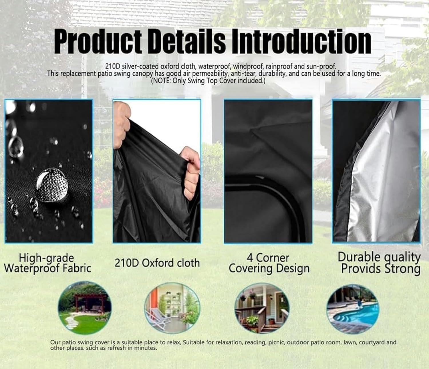 Outdoor Swing Canopy Replacement Cover 3 Seater,Universal Patio Swing Cover,Waterproof Replacement Canopy Top Cover for Garden Patio Yard Park Porch Seat Furniture (Color : Gray, Size : 75x47x9inch