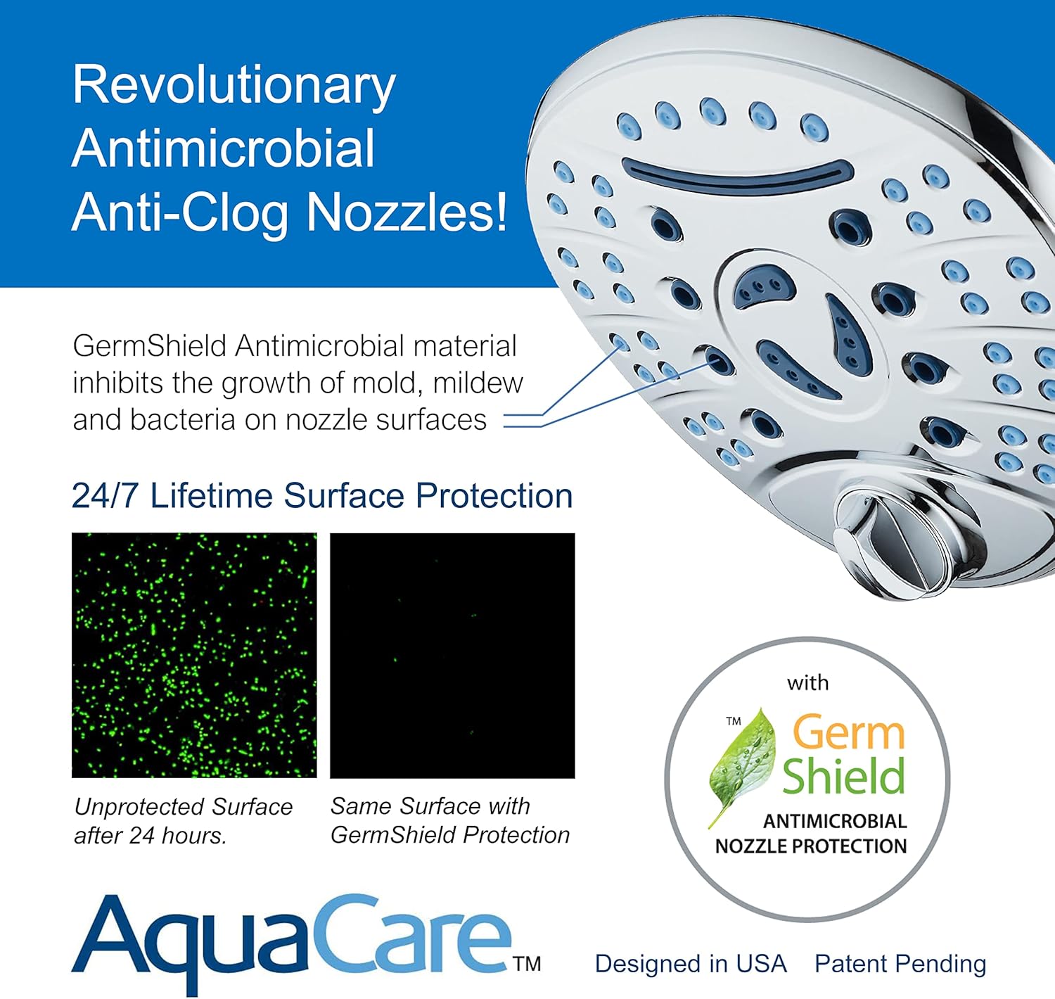 Hotel Spa AquaCare High Pressure 8-setting 7 inch Rainfall Shower Head with Cascading Waterfall and Special Hygienic Anti-clog Nozzles for Cleaner, More Powerful Shower Top American Brand