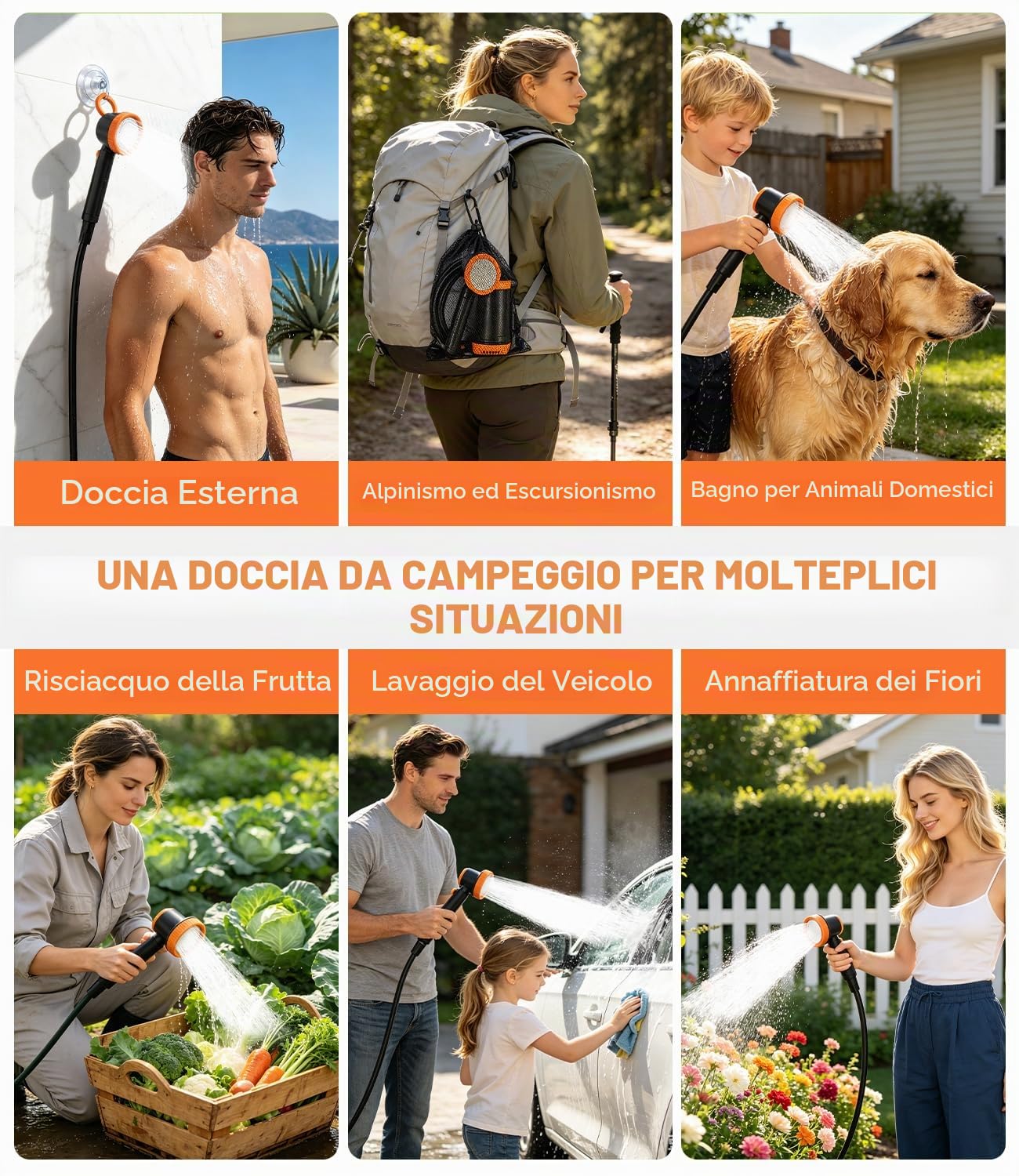 Doccia da Campeggio Portatile 8000mAh, Ricarica USB-C Rapida, IPX8 Impermeabile, Display LED con Temperatura (10-50°C), 2 modalità di Pressione, per Camper, Spiaggia, Pet, Emergenza Idrica | Impermeabile, Display LED con Temperatura (10-50°C), 2 modalità