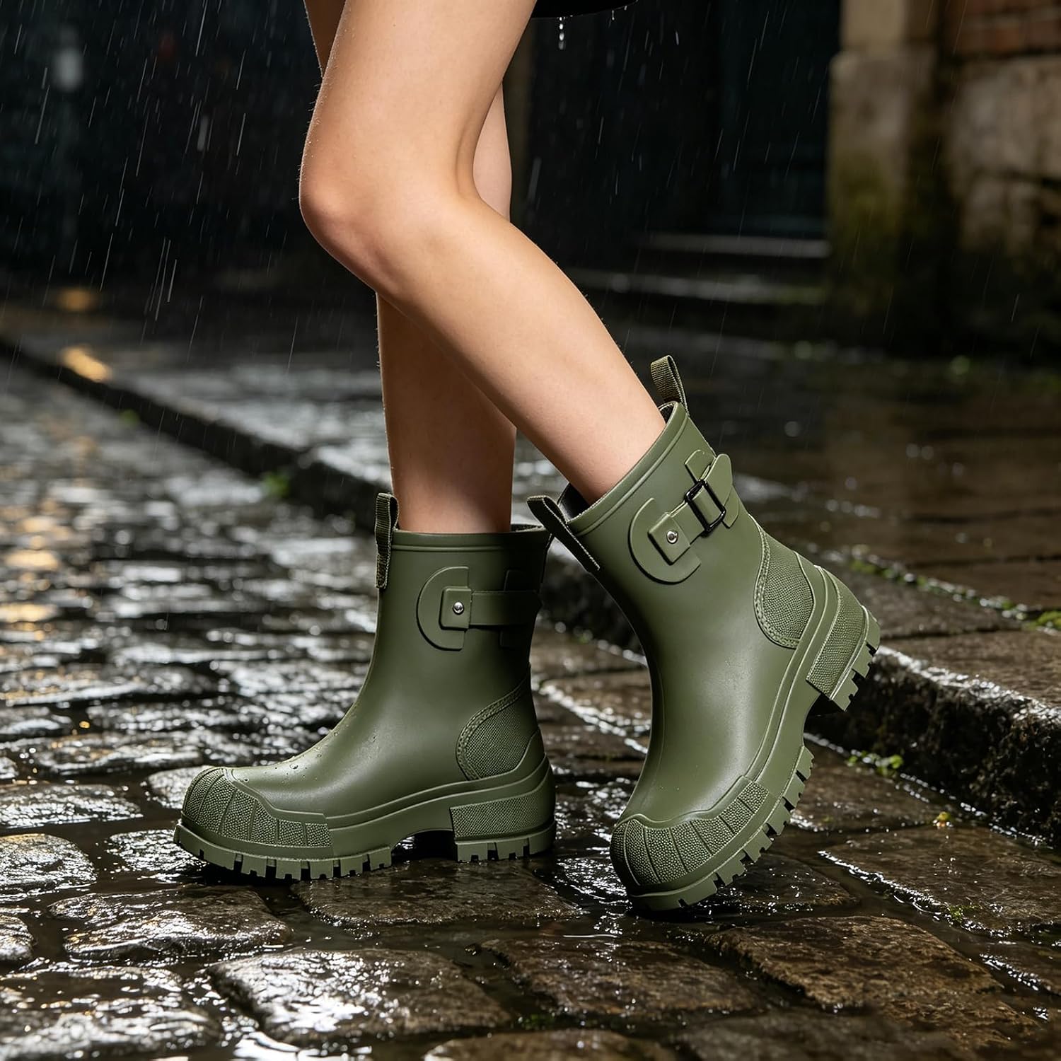 Women'S Pvc Waterproof Mid Calf Rain Boots Pull On Platform Rubber Wide Width Garden Short Rain Booties With Buckle Decor Outdoor Non-Slip Lug Sole Rain Shoes For Muddy Walking Yard Work