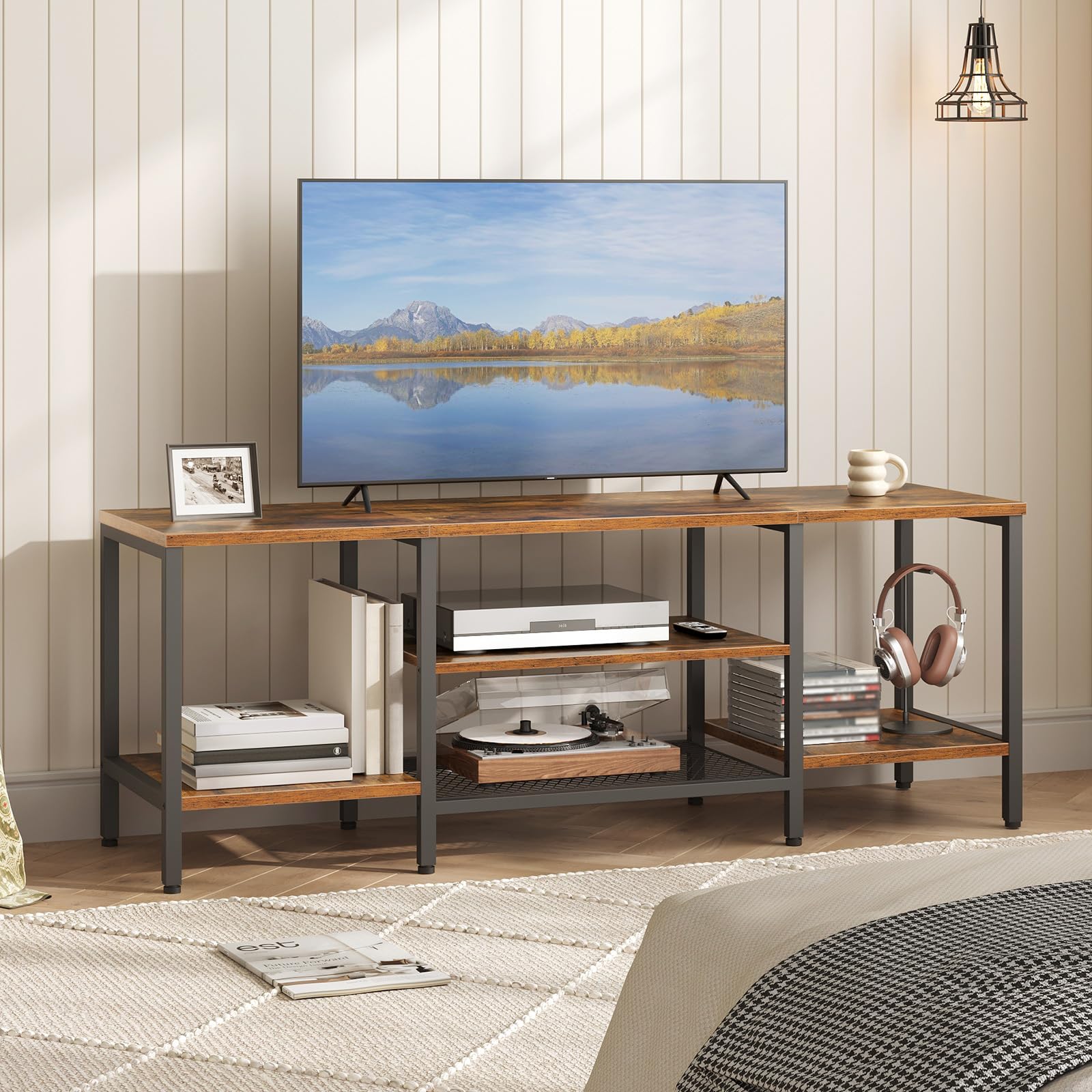 HOOBRO Meuble TV Style Industriel, Console Multimédia à 3 Niveaux, Étagères Grillagées pour Téléviseur de 65 Pouces, Rangement Ouvert, pour Salon, Marron Rustique et Noir EBF58DS01