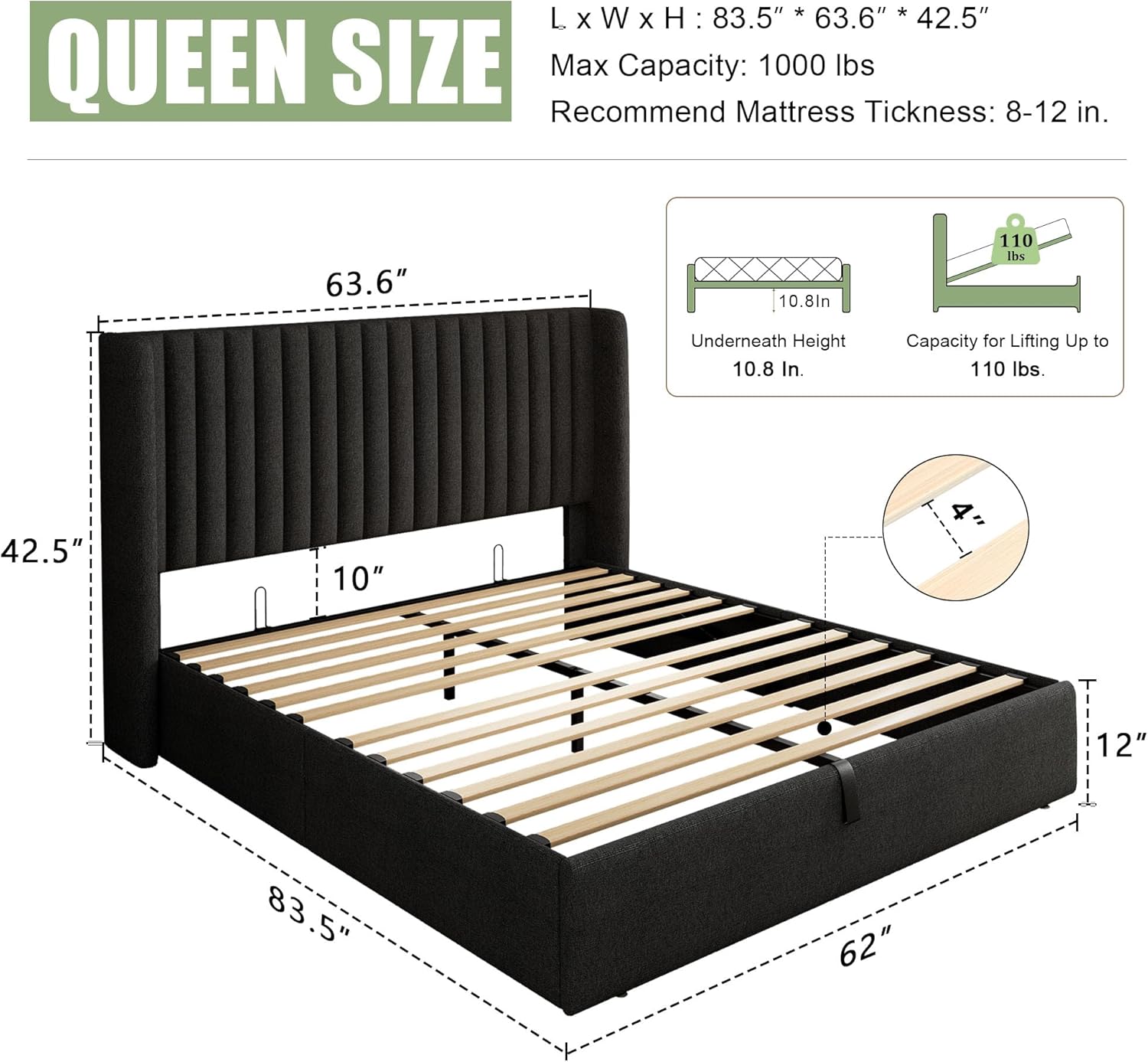 feonase queen size lift up storage bed frame, linen upholstered platform bed with wingback headboard, hydraulic storage, no box spring needed, dark gray dark gray queen