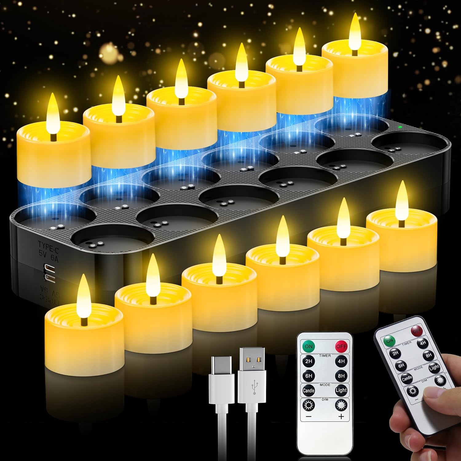YiaMia 12 Pack Flameless Rechargeable Tea Lights with Magnetic Charging Base & Remote Control Timer, Battery Operated Tea Lights Candles, Rechargeable Votive Candles for Halloween Christmas Decorative